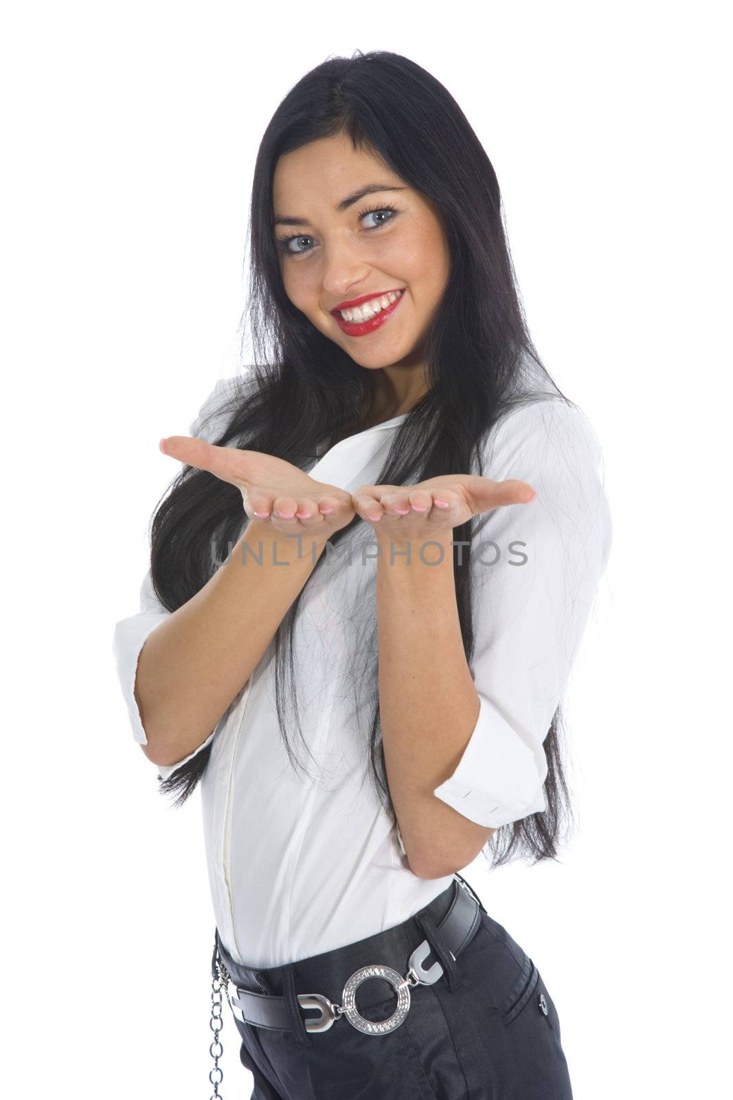 Business woman advertises selling the cars on white background