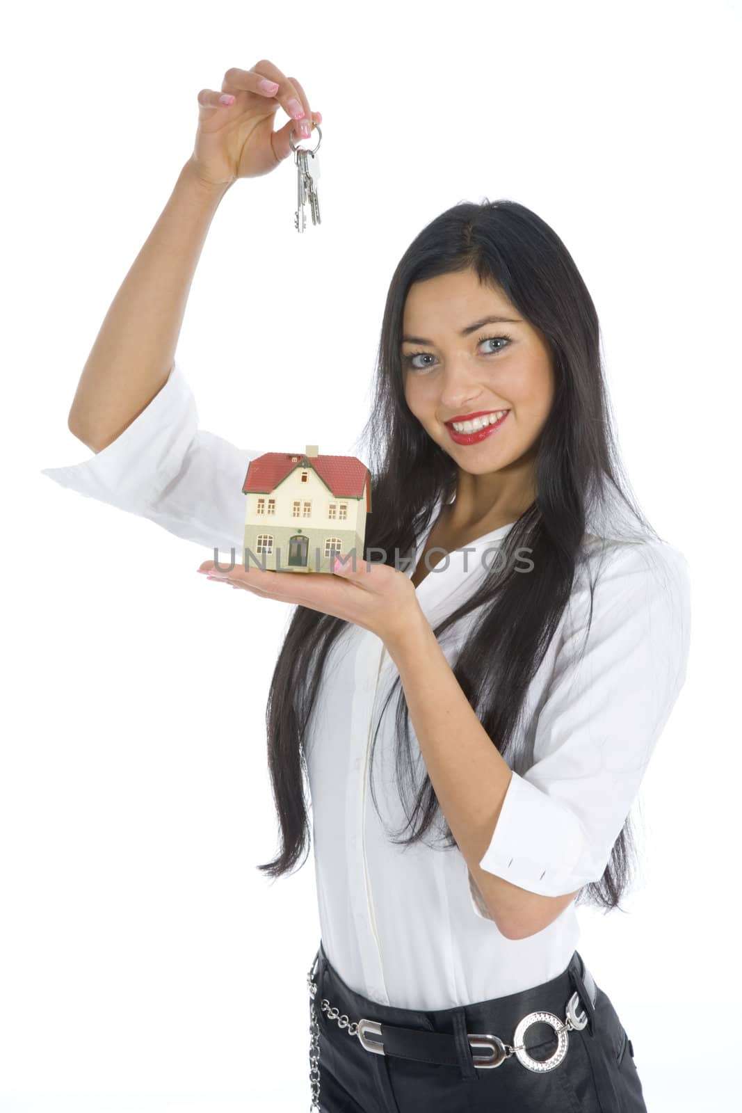 Business woman advertises real estate on isolated background