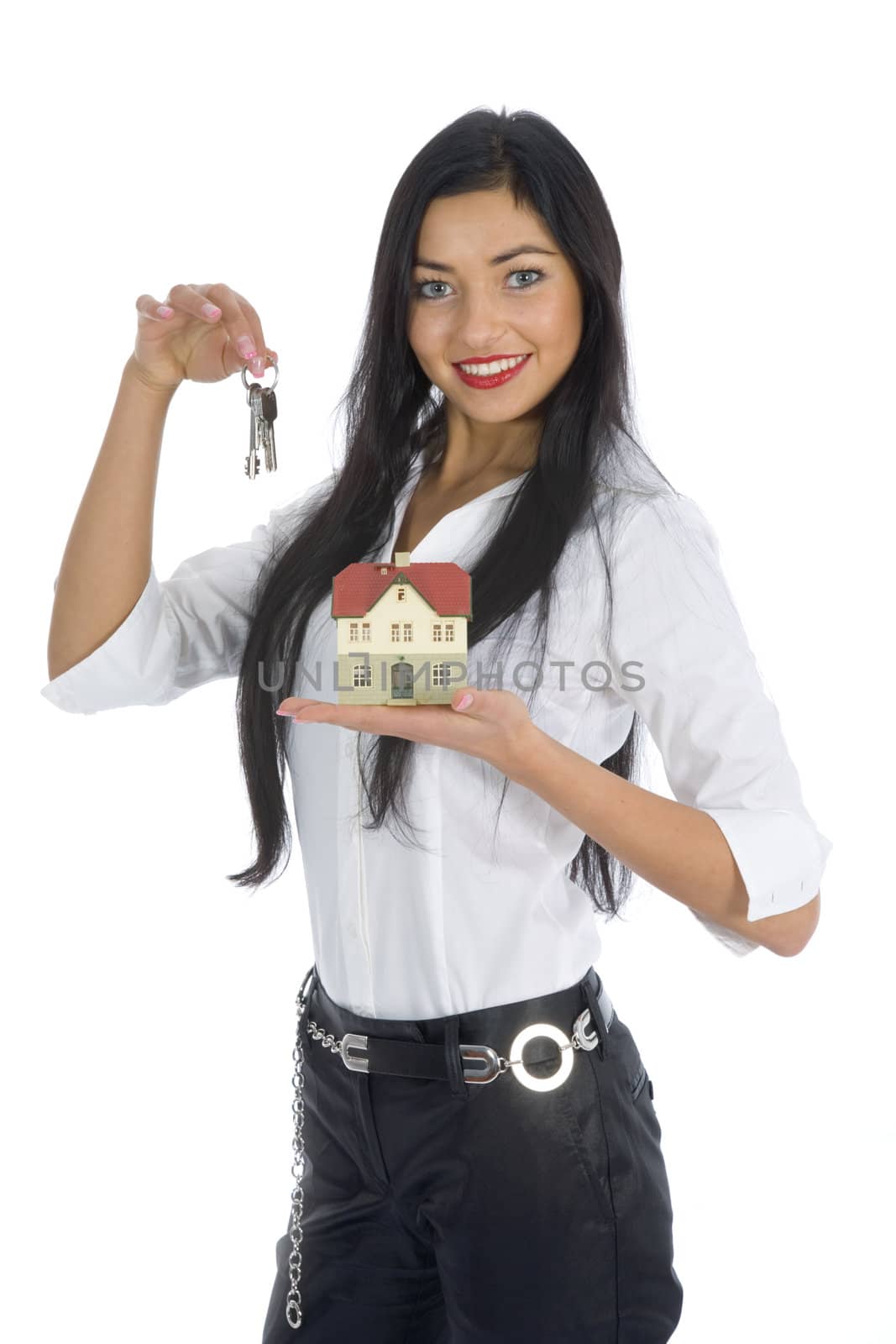 Business woman advertises real estate on isolated background