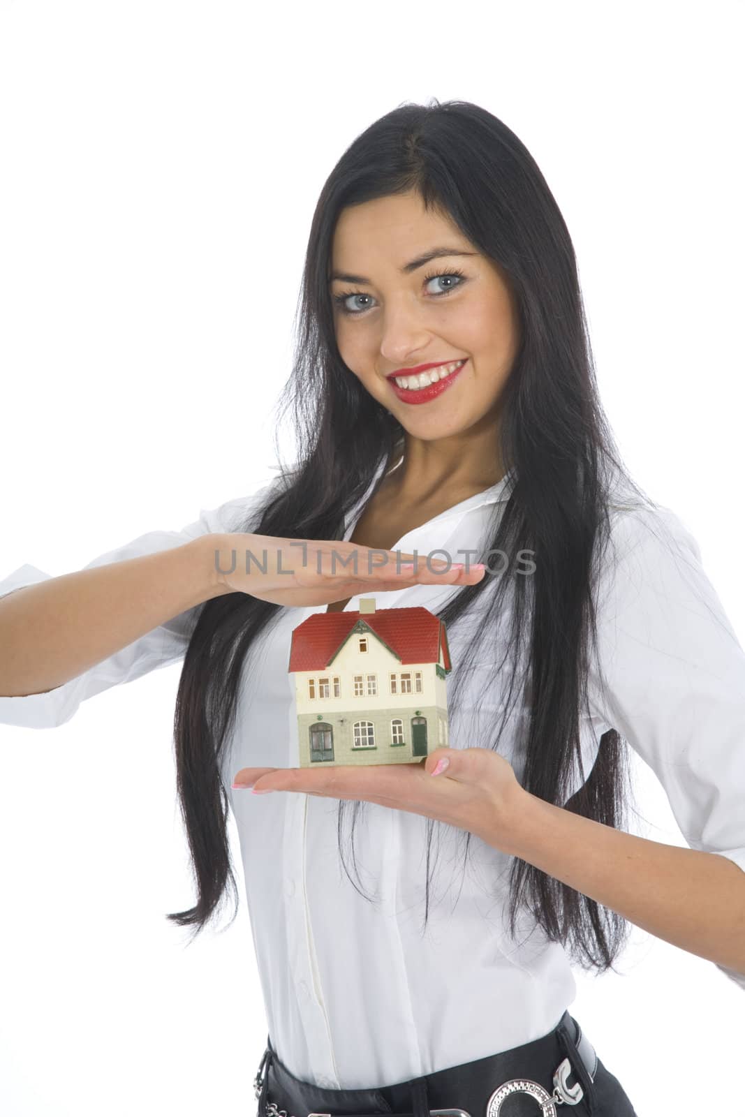 Business woman advertises real estate on isolated background
