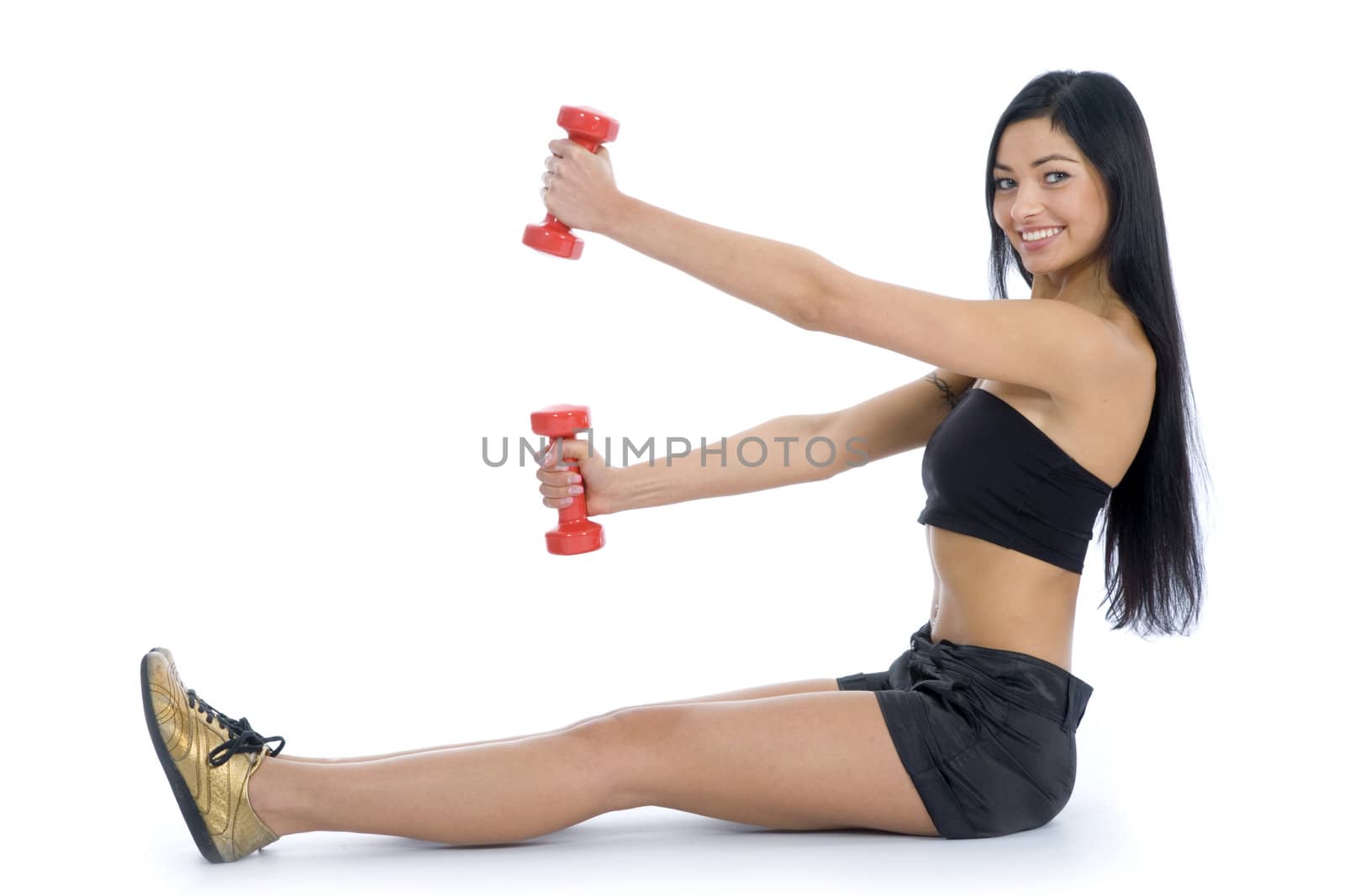 beautiful girl with dumbbells on  isolated background