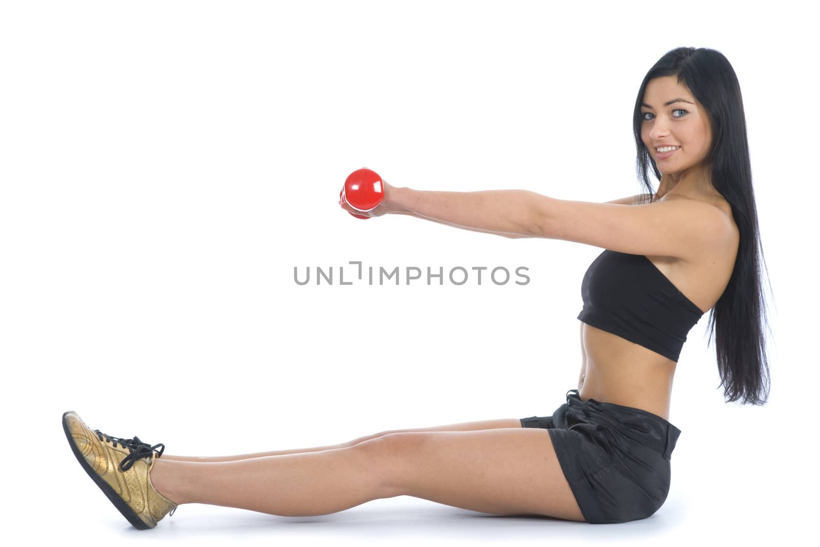 beautiful girl with dumbbells on  isolated background