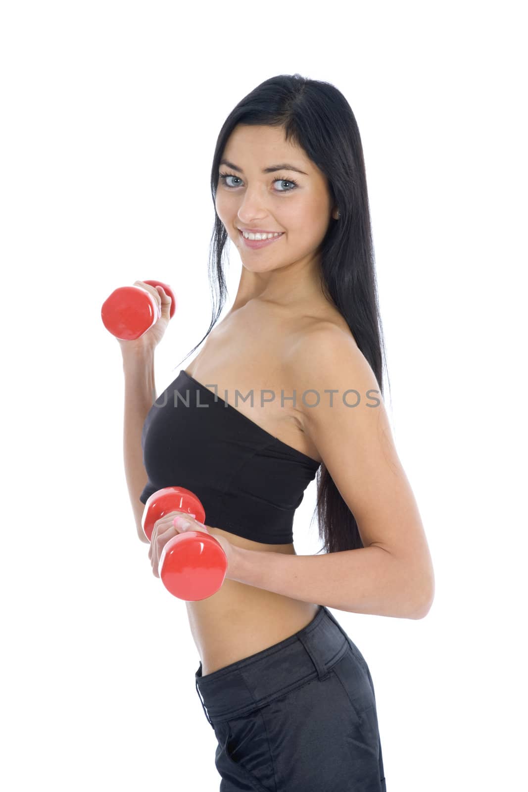 beautiful girl with dumbbells on  isolated background