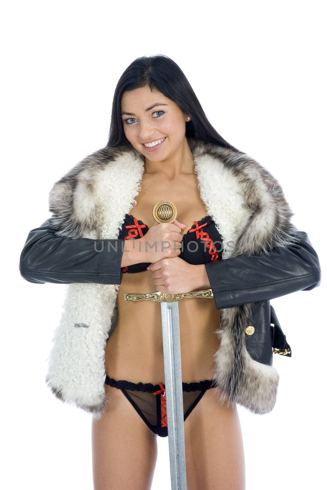 Sexy girl with sword  on  white background 