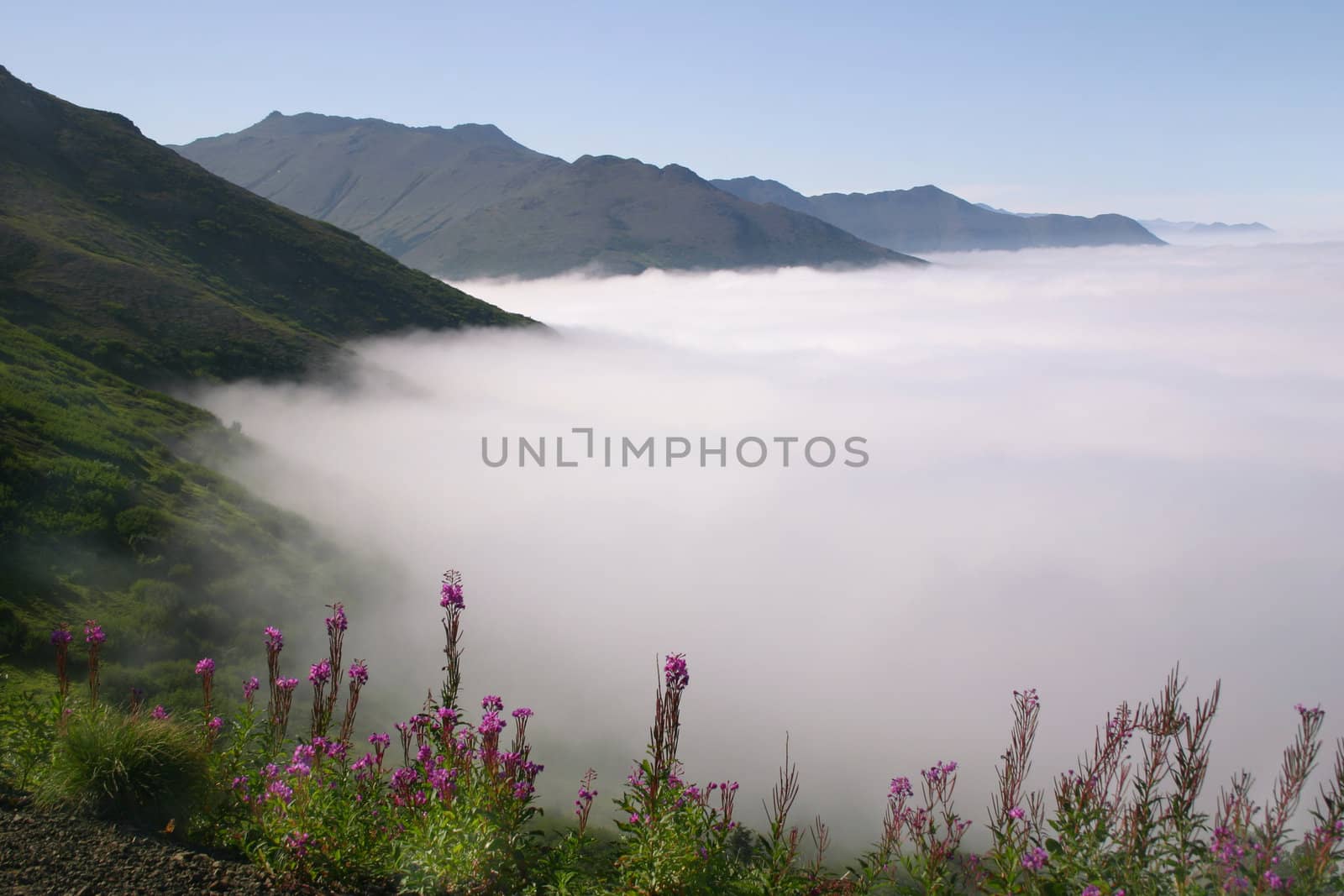 View of clouds over the Kenai Penninsula from Flattop Mountain, high above Anchorage, Alaska