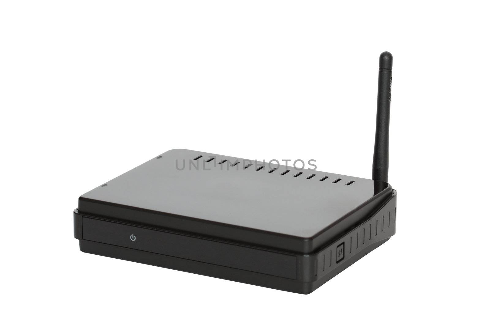 Black wireless router isolated on white background with clipping path