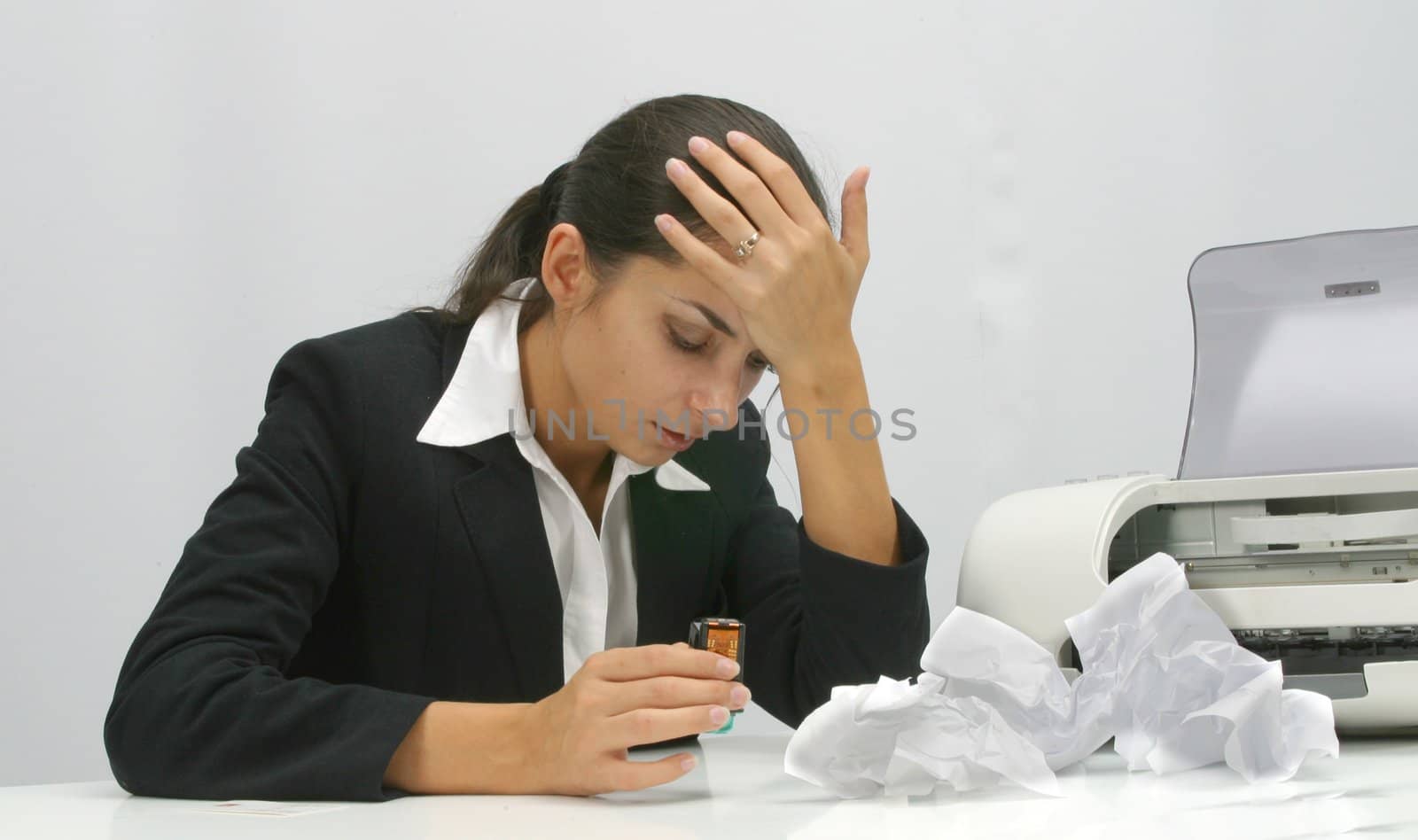 Business woman is printing in office, copy, duplicate, calling