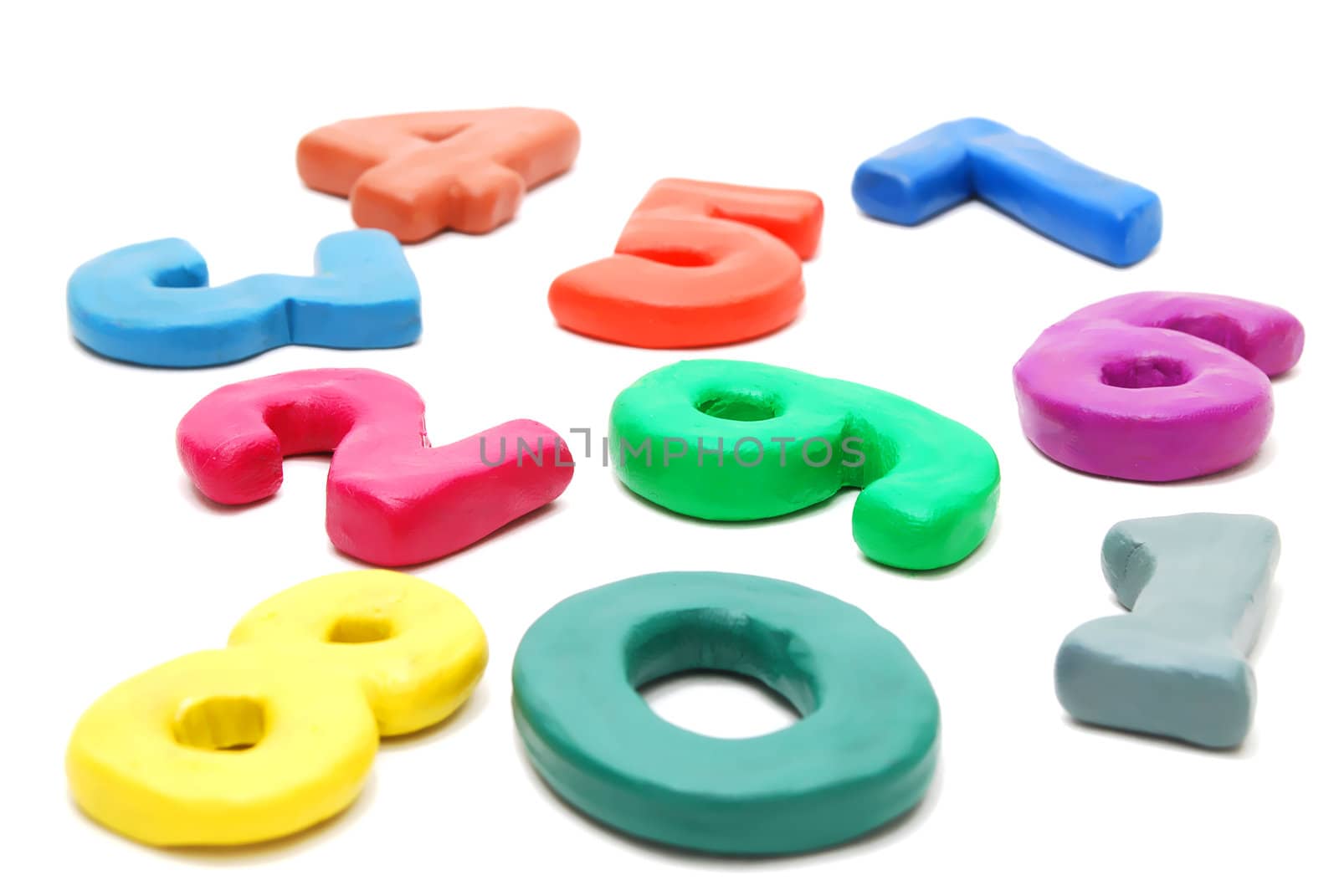 3d Colored Digits Made of Plasticine Laing Random Isolated on White Background