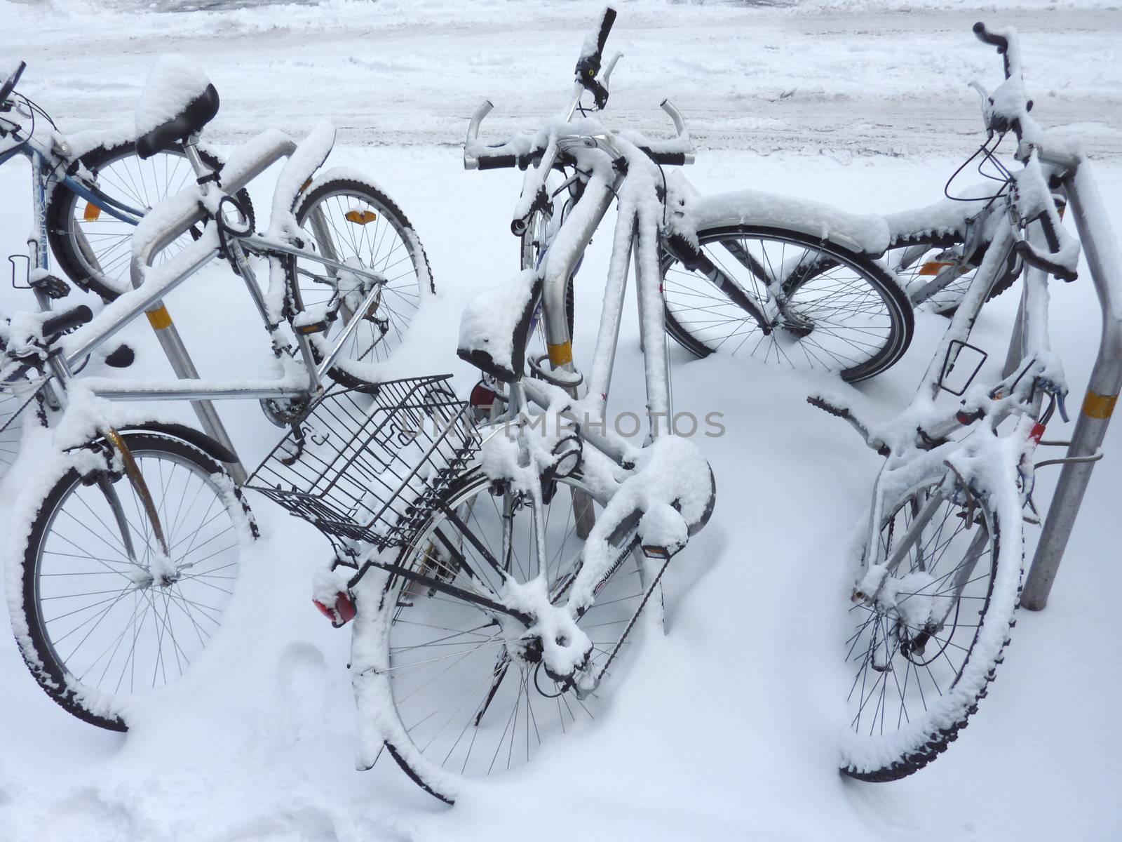 Several bicycles covered by snow in the street