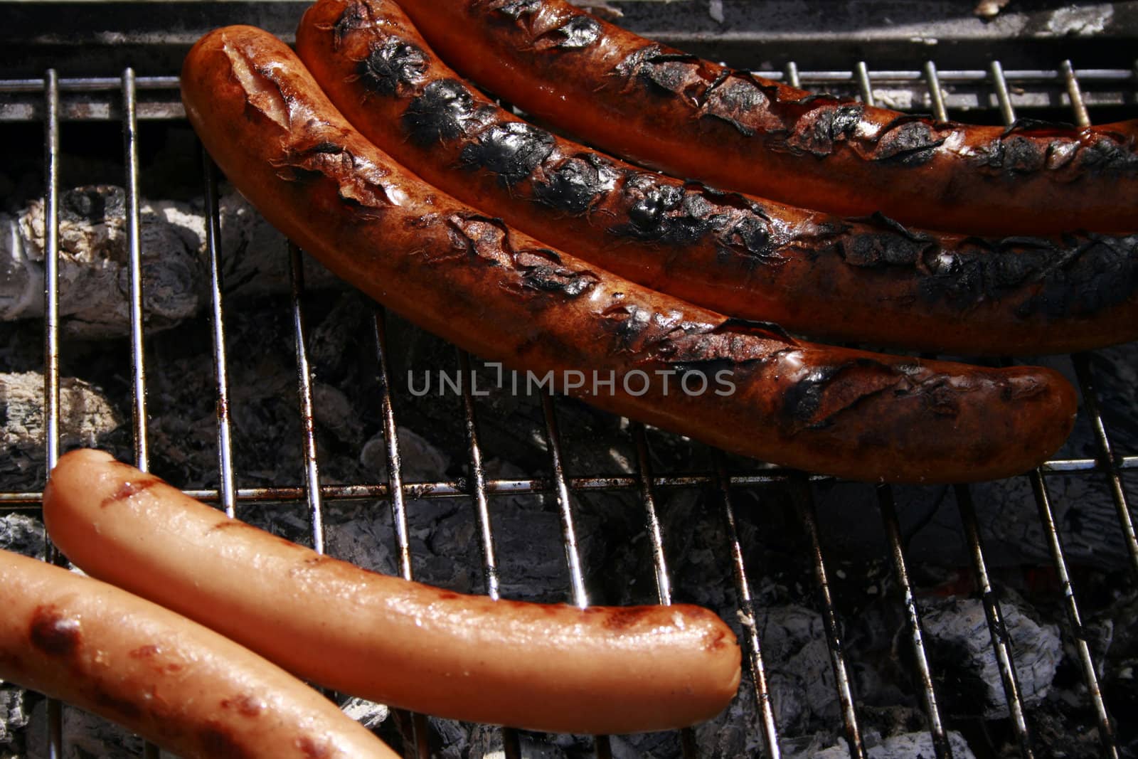 hot dogs barbecueing in the summer. three burned chilly dogs and a couple of plain hot dogs.