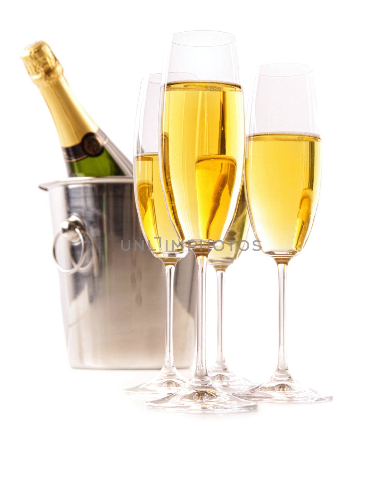 Champagne glasses with ice bucket on white background