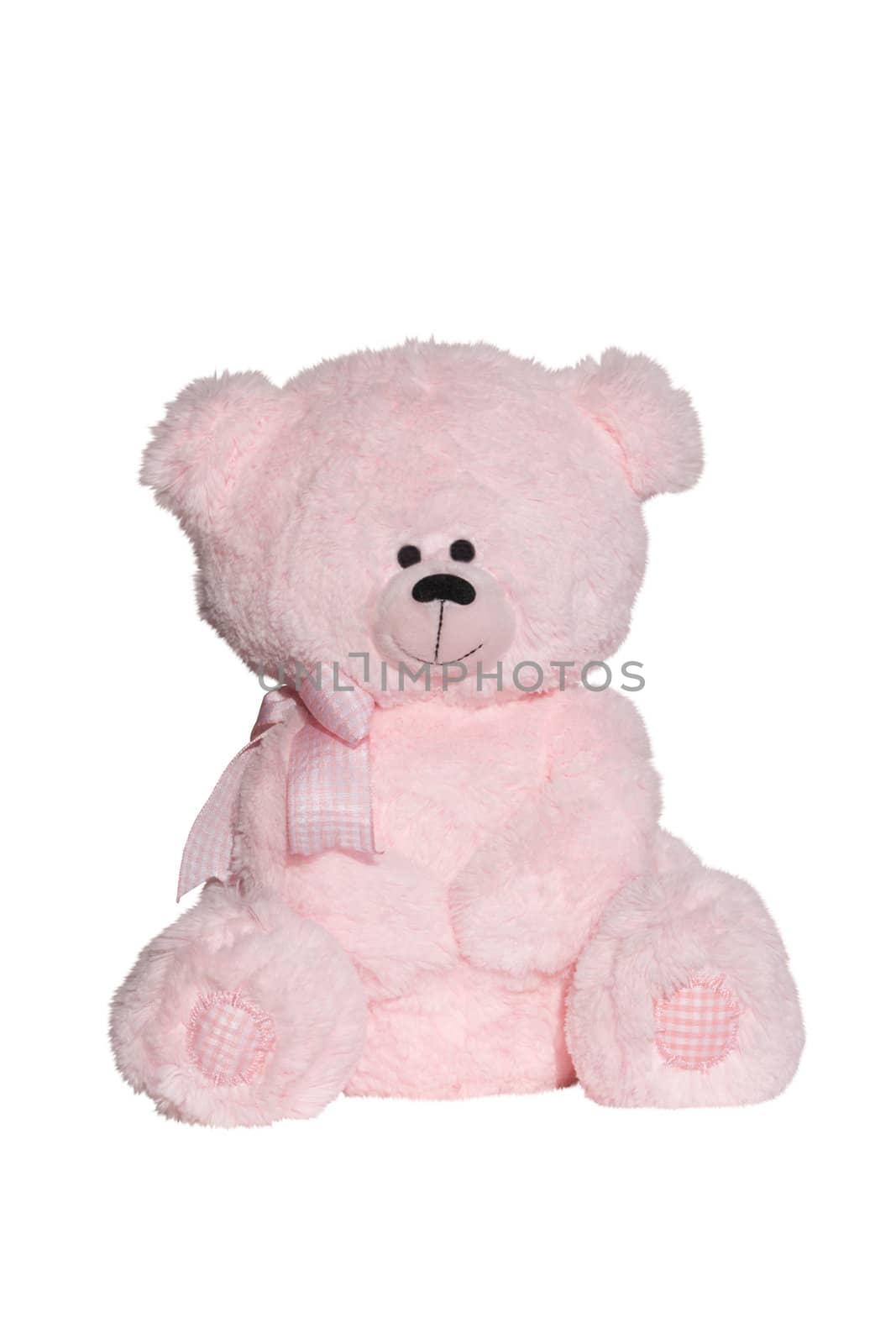 Soft toy pink- bear with a scarf, isolated on a white background.