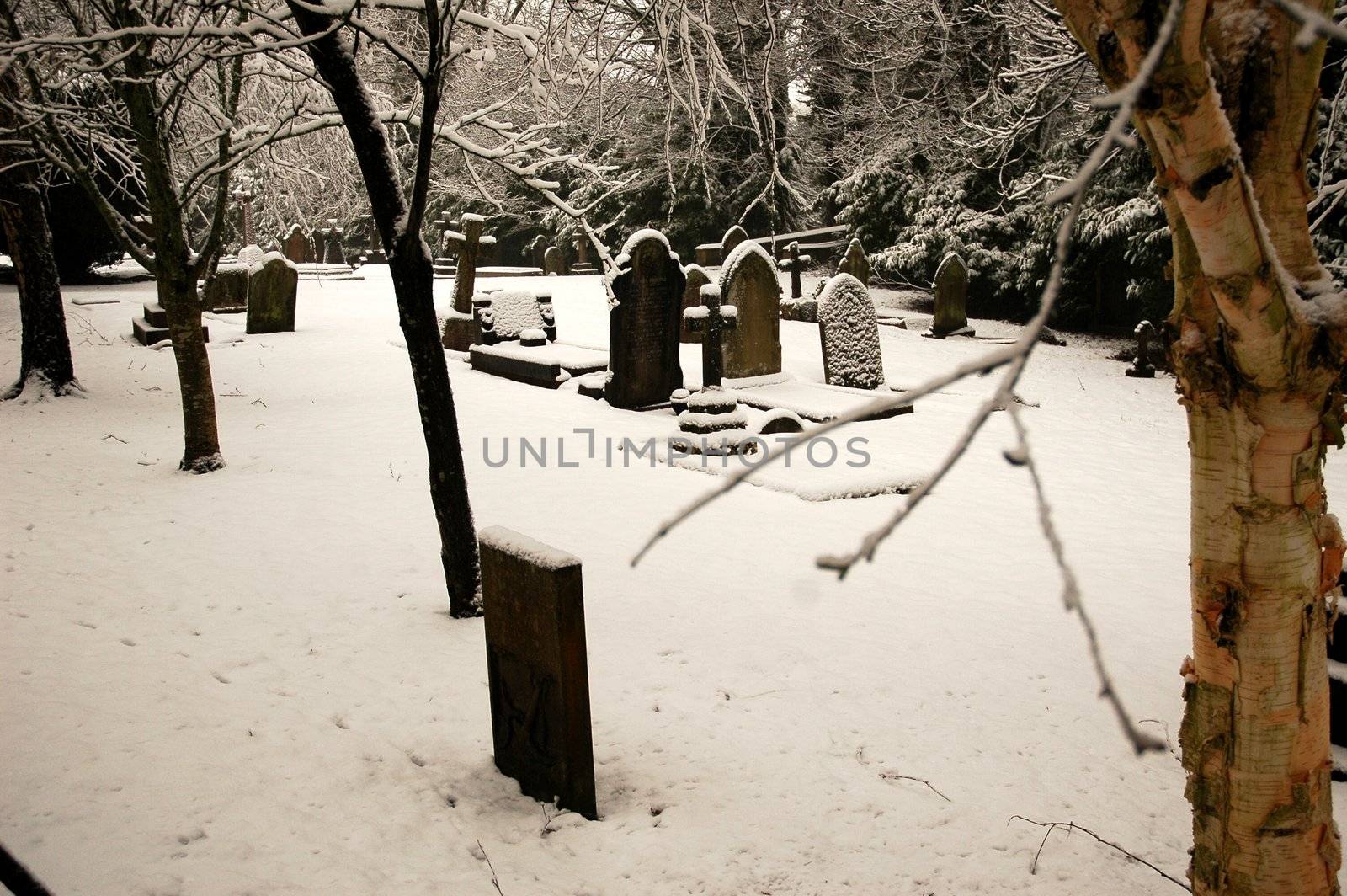 Cardiff cathedral cemetry covered by snow, horizontally framed shot