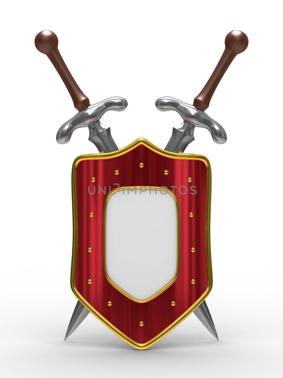 two sword and shield on white background. Isolated 3D image