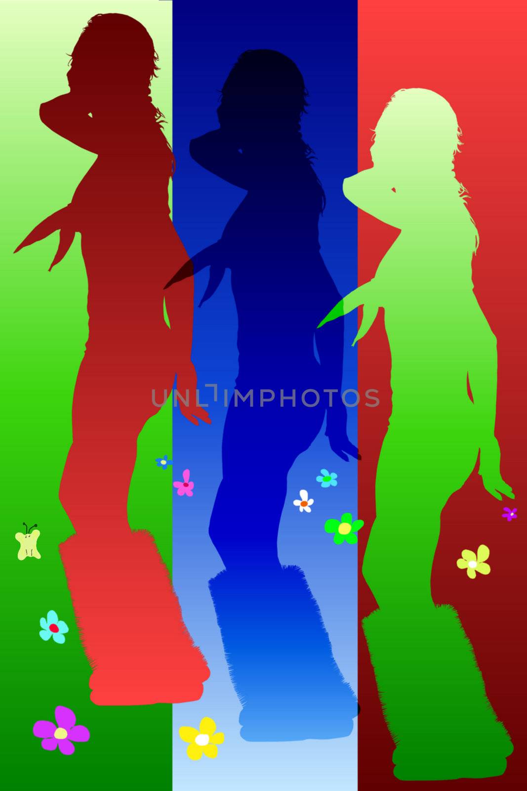 Drawn silhouette of girl dancing on a varicoloured background with flowers
