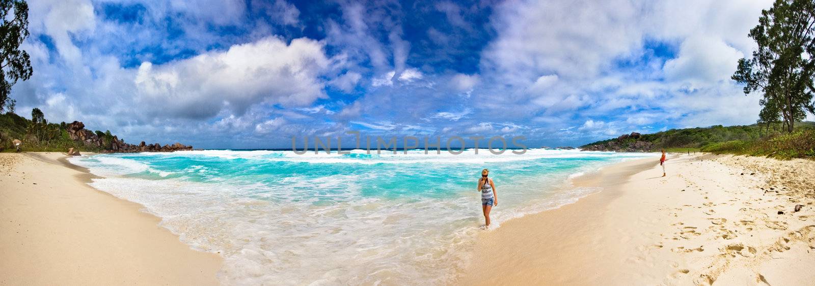 Panorama of Grand Anse Beach at Seychelles