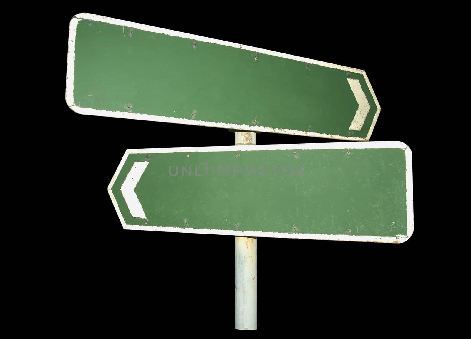 Two blank signboards, pointing in opposite directions, on a black background. Clipping path included so signs can be placed on any background.