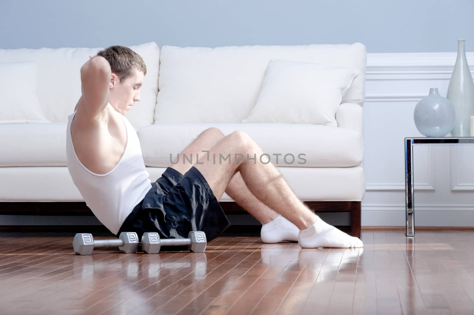 Man Doing Sit-ups in Living Room by cardmaverick