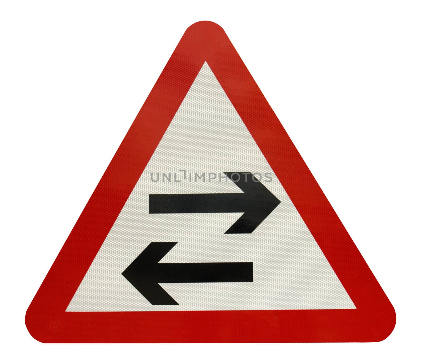 A two-way sign, arrows pointing in opposite directions, on a white background. Clipping path included.