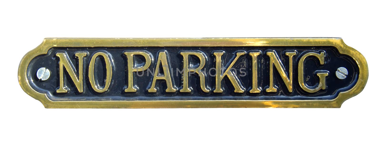 A 'No Parking' sign, embossed in brass, with clipping path.