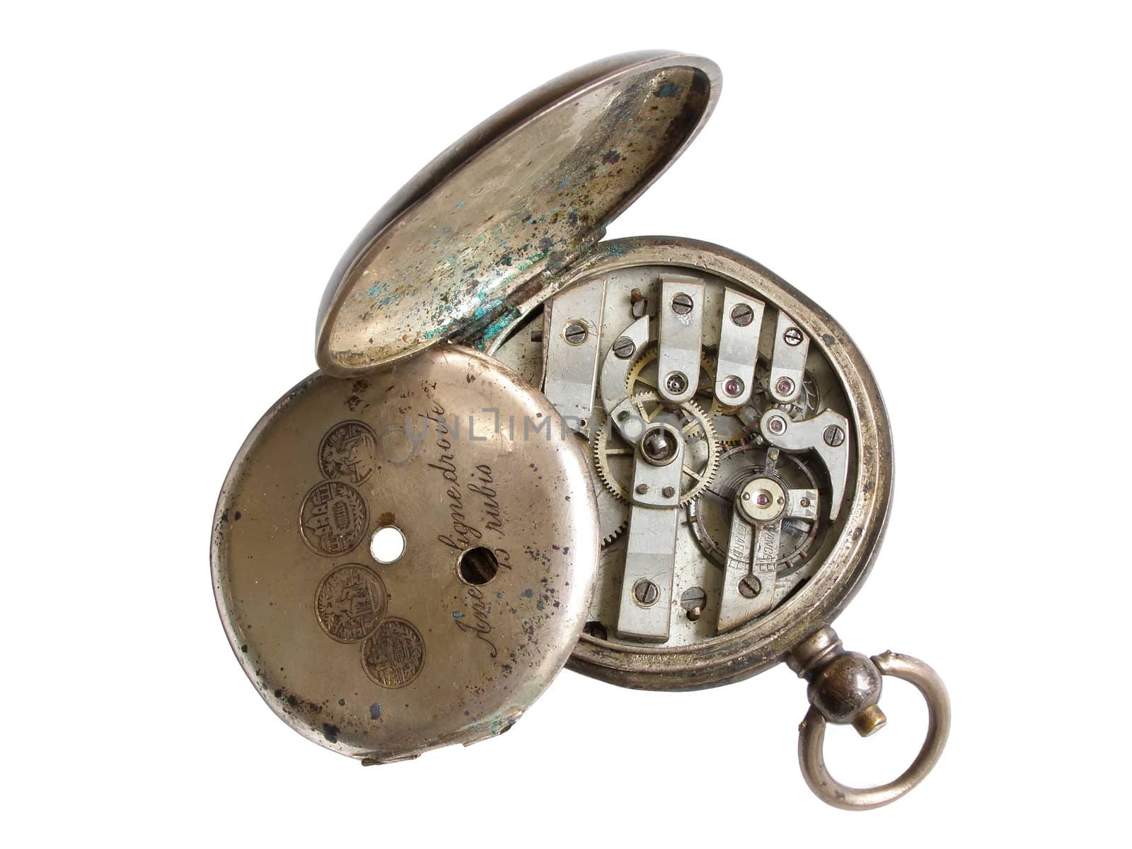 broken pocket watch from silver with the moved end cover  