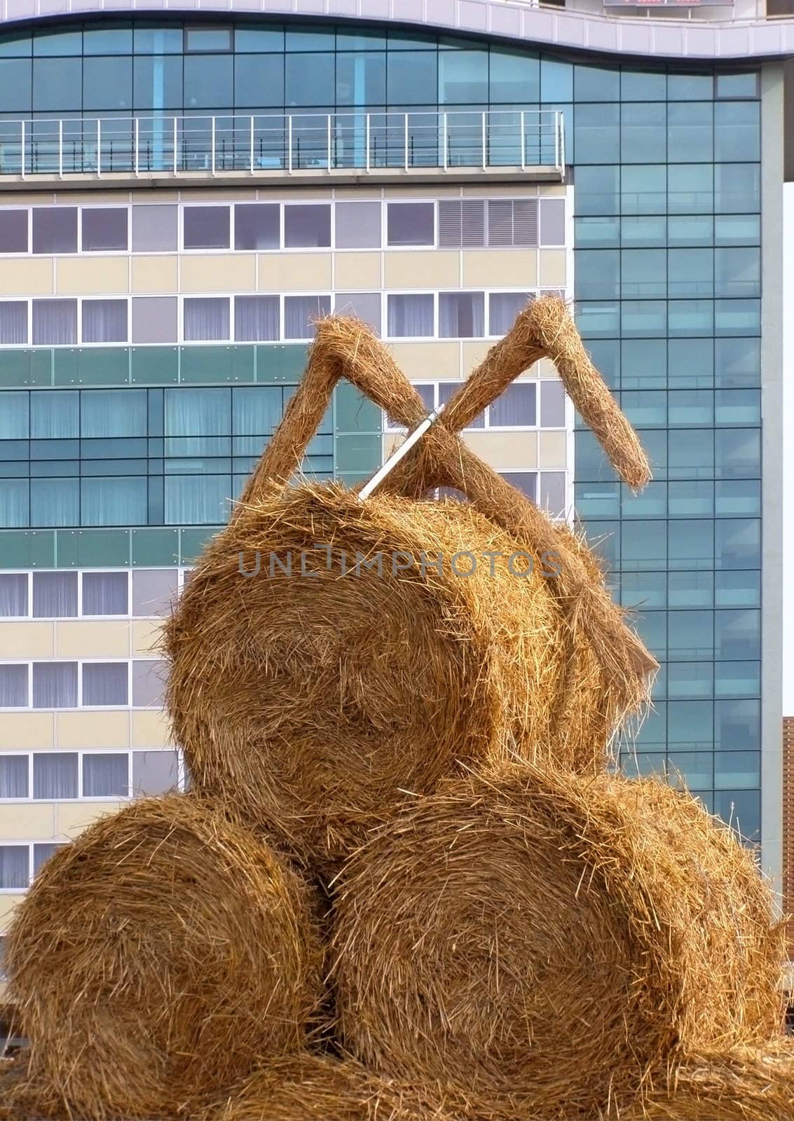 bundle of hay against the modern building background