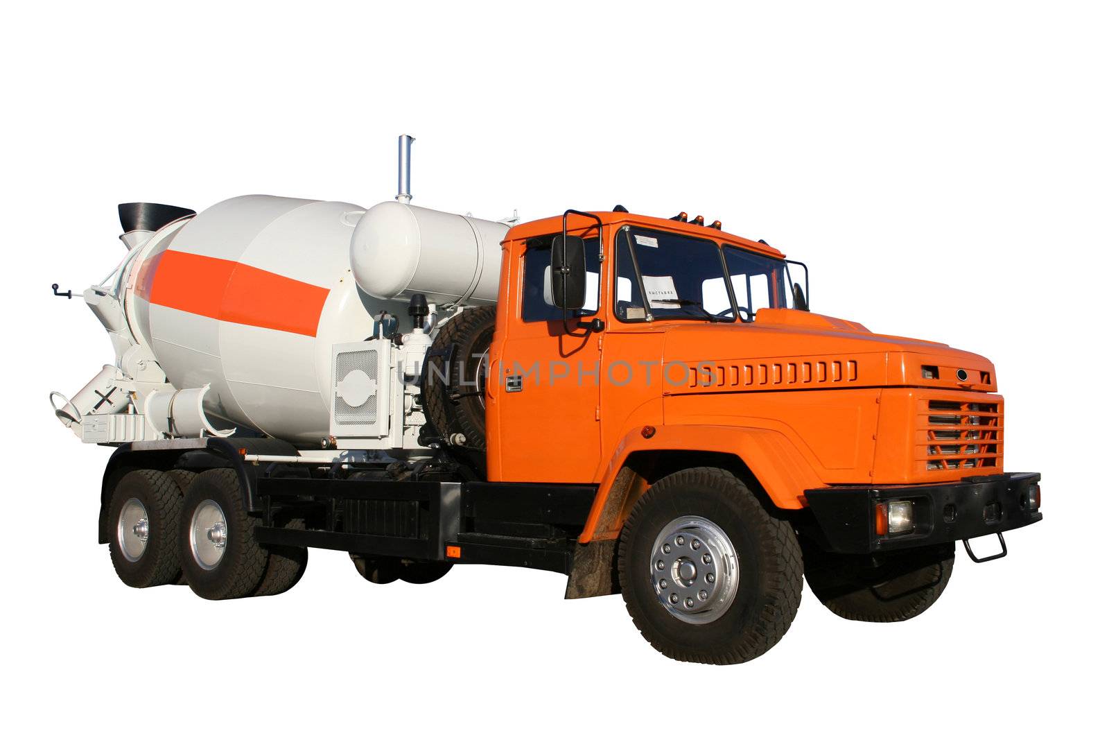 The new building lorry of red color with a concrete mixer on a white background, Isolated (look similar images in my portfolio)