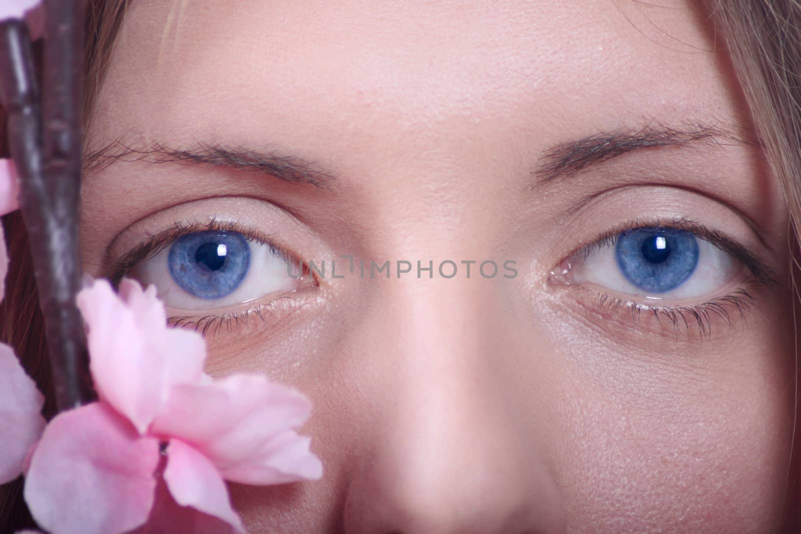 Female blue eyes removed close up with a pink flower