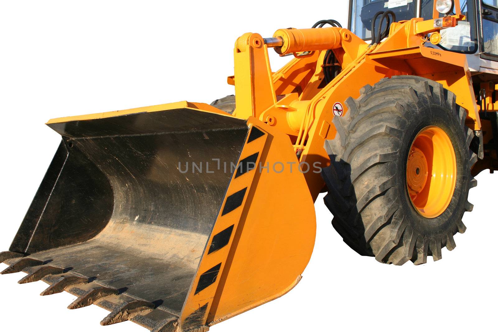 Bucket of the heavy building bulldozer of yellow color on a white background, Isolated (look similar images in my portfolio)