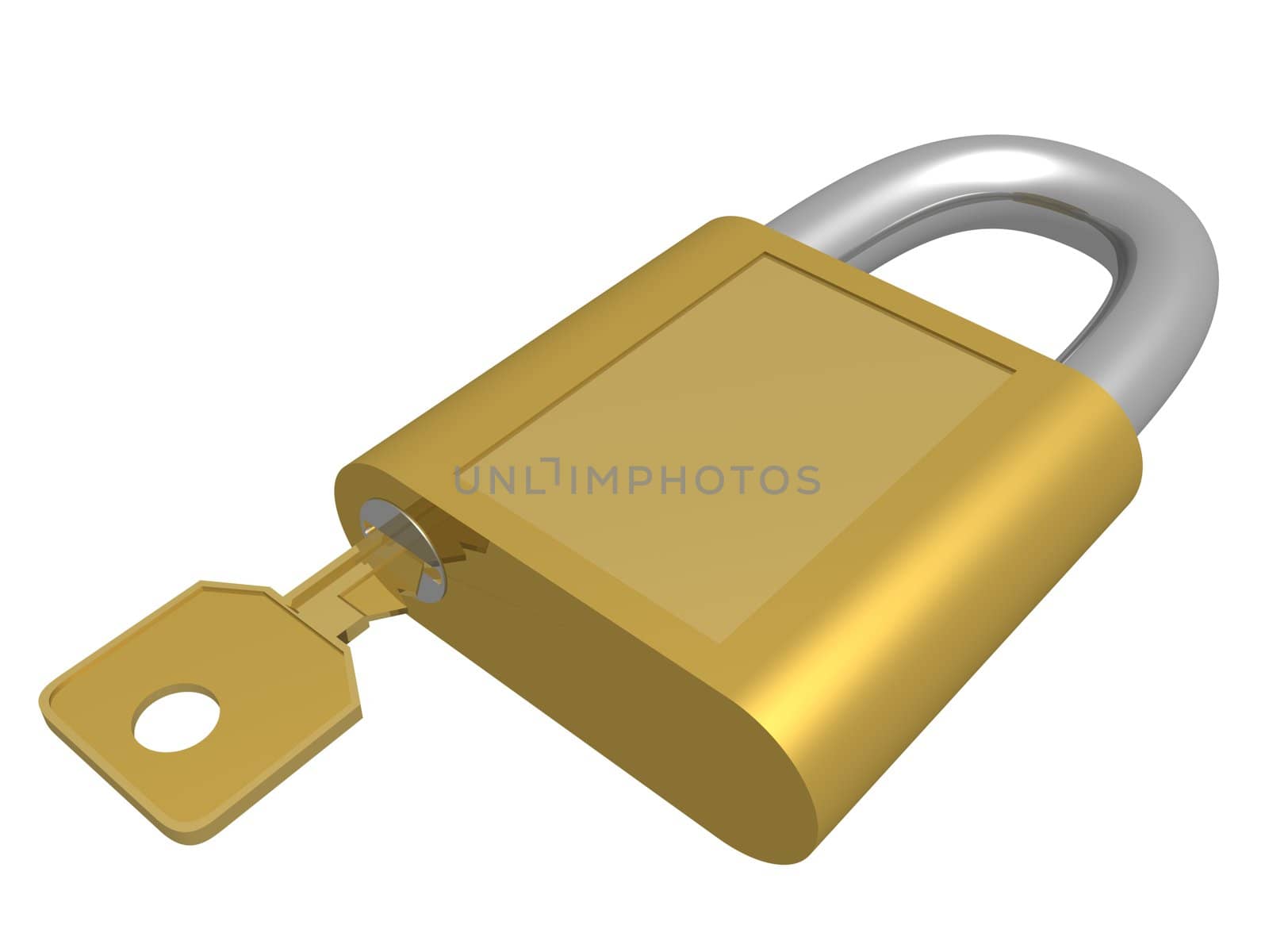 The closed lock with key. 3D object.