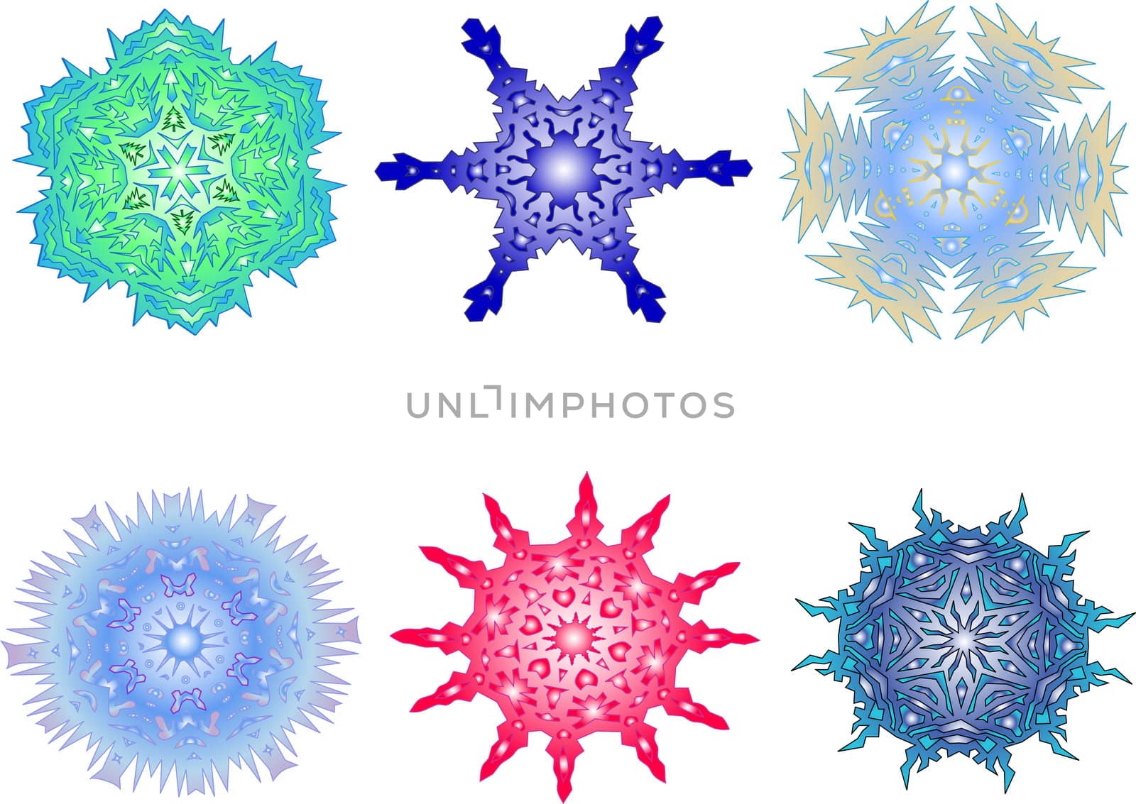 Different vector multicolored snowflakes for your Christmas illustrations 