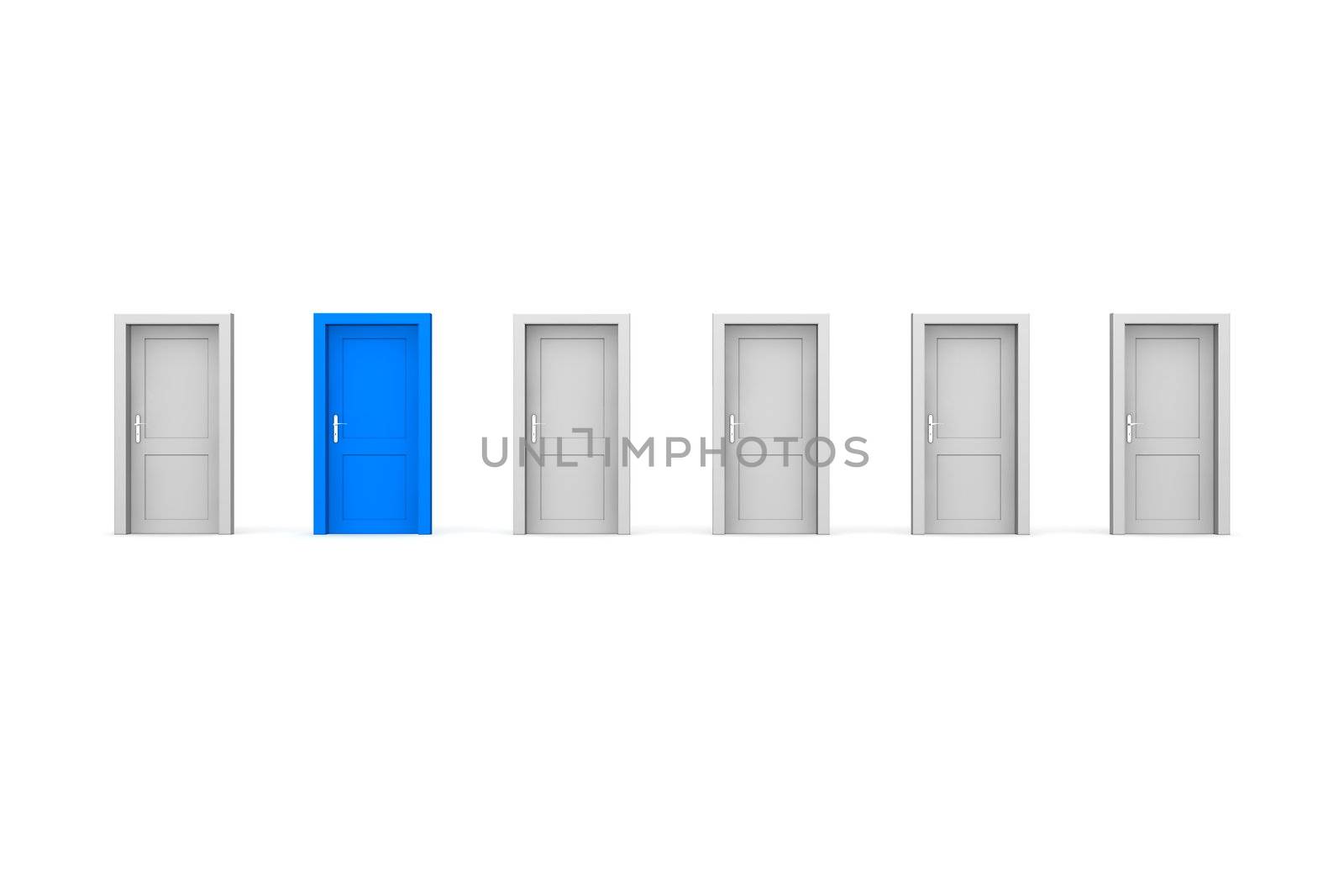 line of six doors, five grey doors, one blue door - door and door frame, no walls