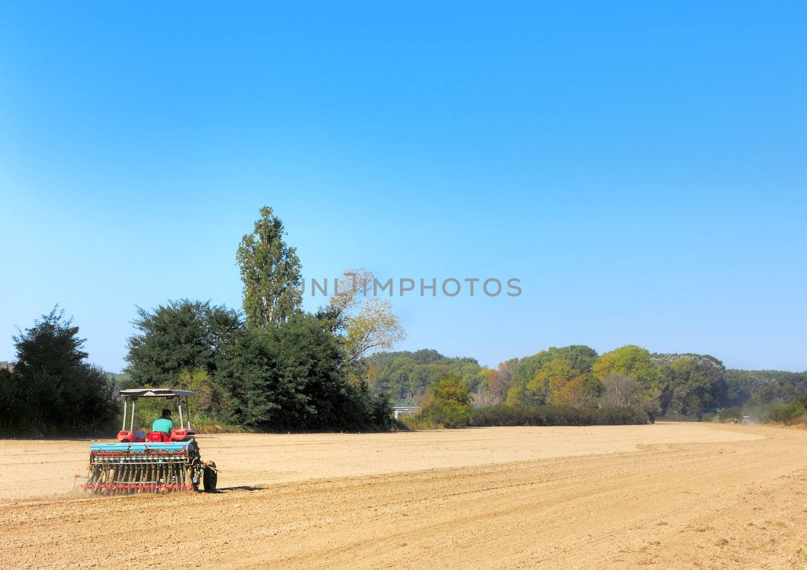 Tractor plowing land in a sunny day