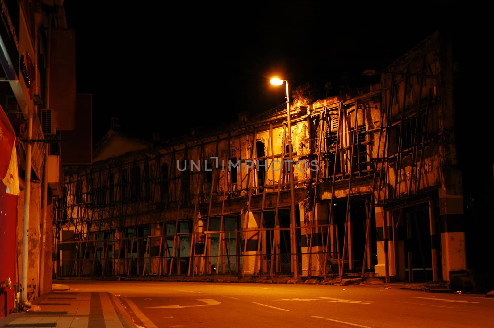 Re-construction of old shophouses with scaffoldings