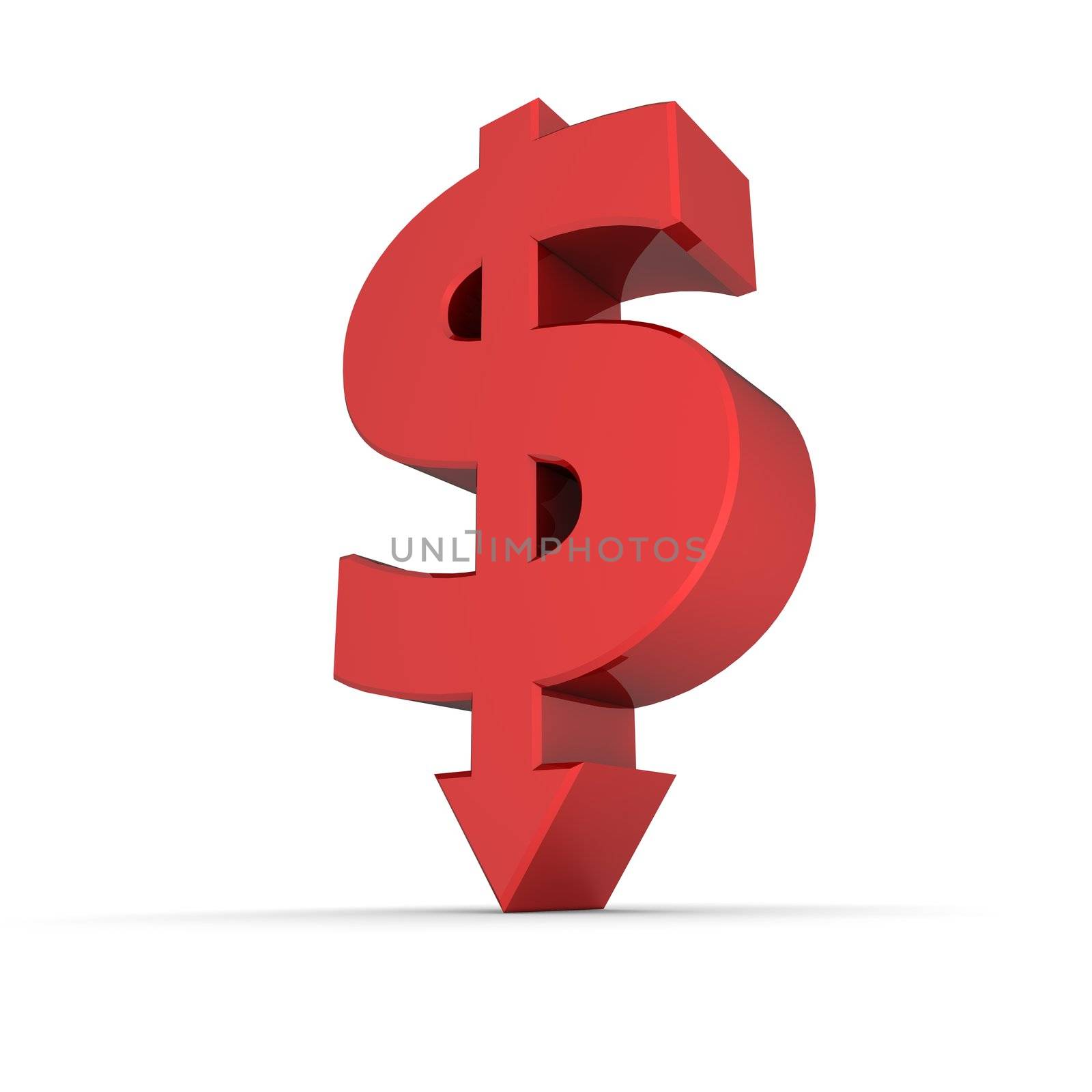 dollar sign with arrow down stands on white ground - shiny red colour