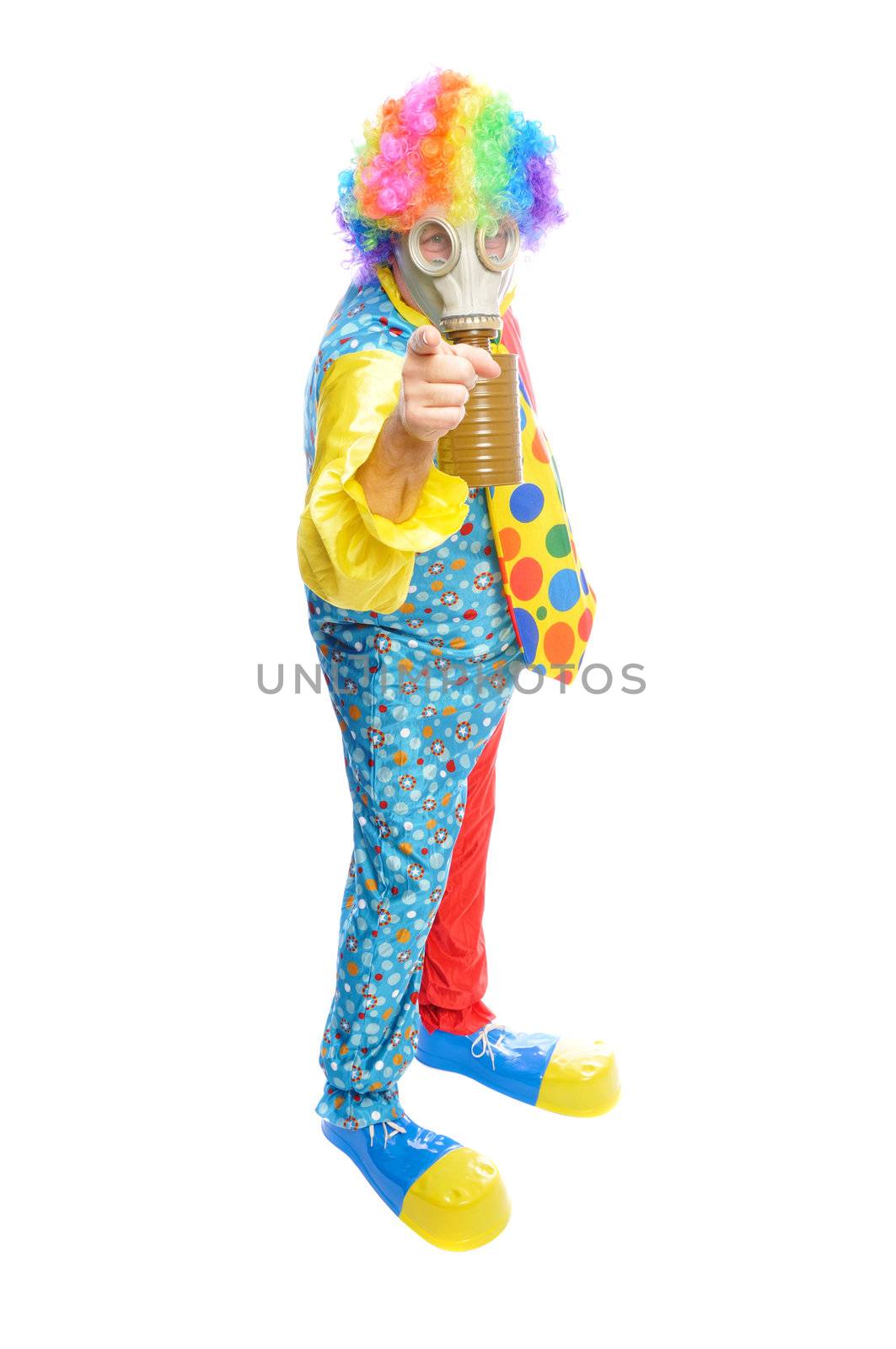 a man in a clown costume wearing a gasmask on a white background
