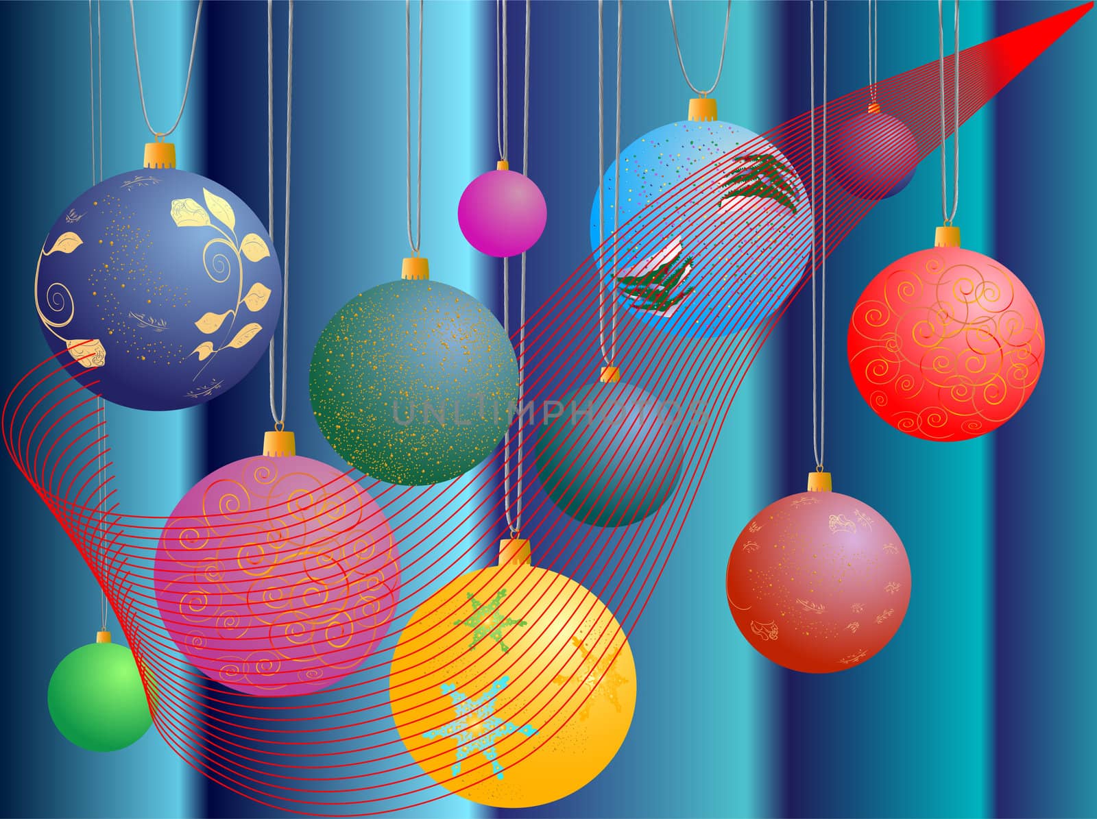illustration of varios multicolored christmas balls with pattern