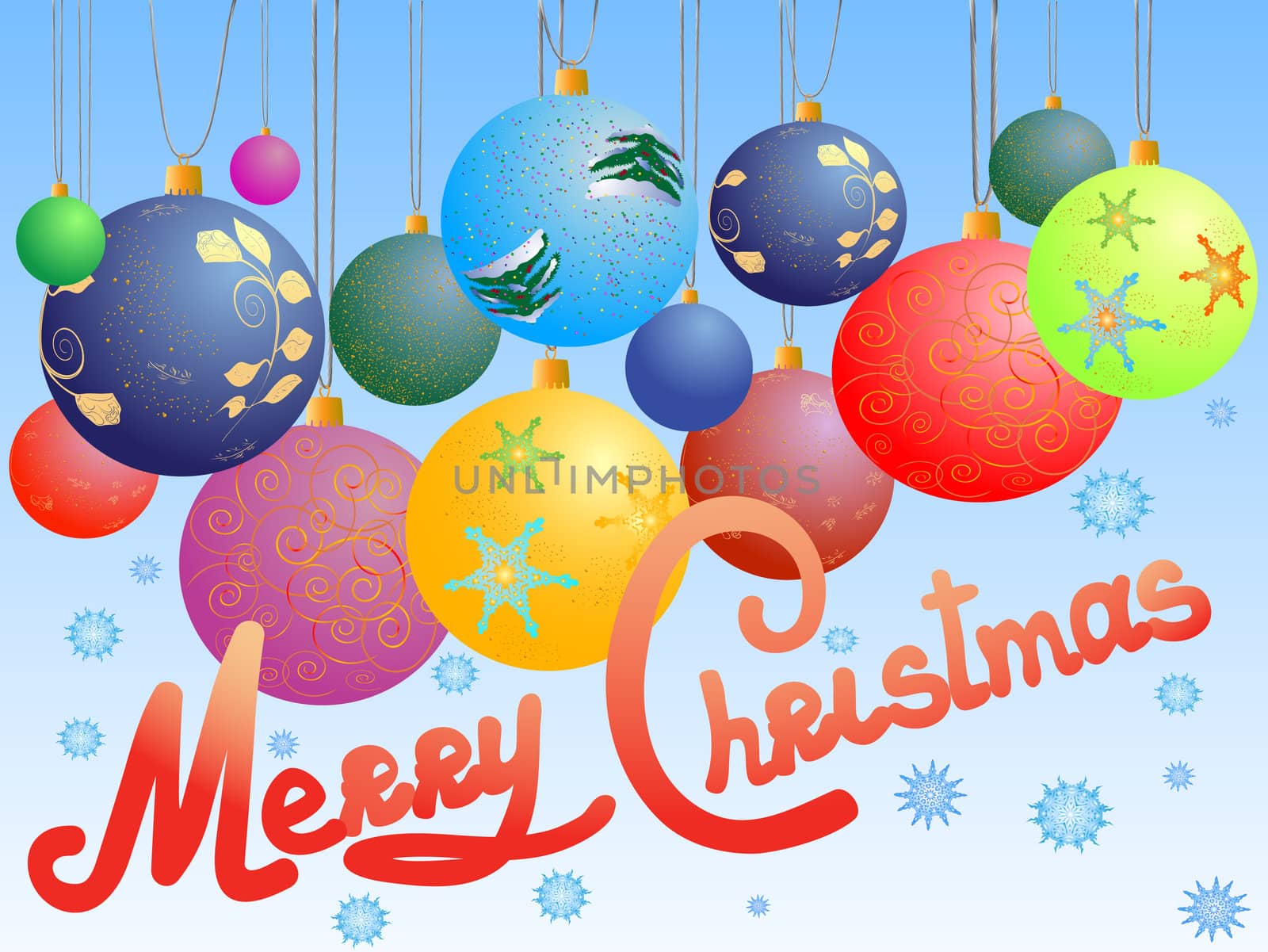 christmas balls postcard with caption merry christmas