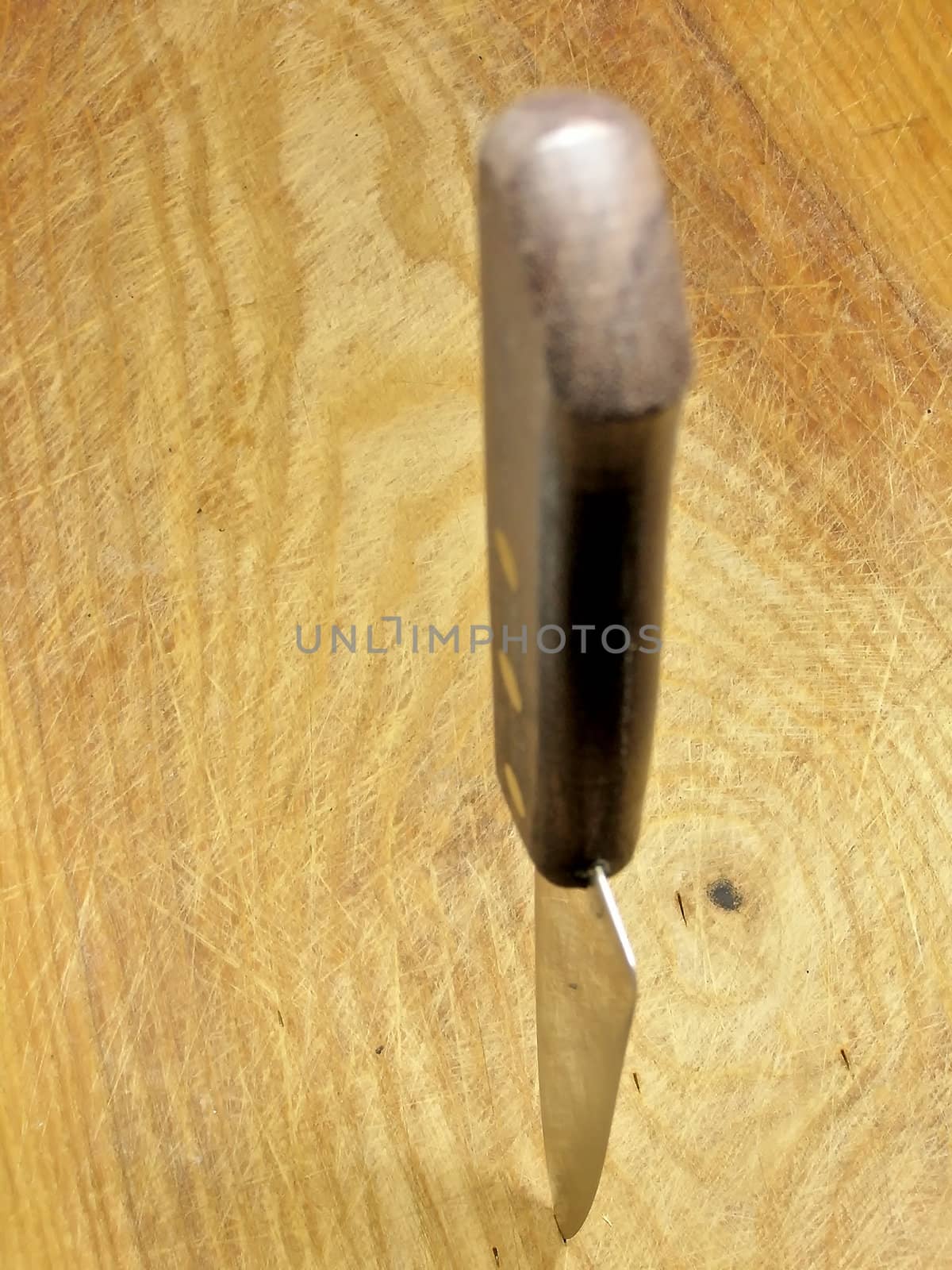Swayed kitchen knife in the cutting board