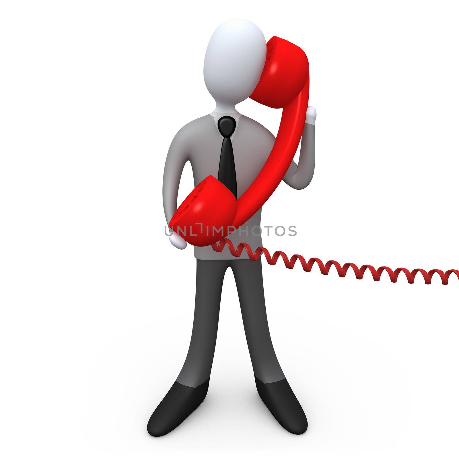3d business person holding a large red phone .