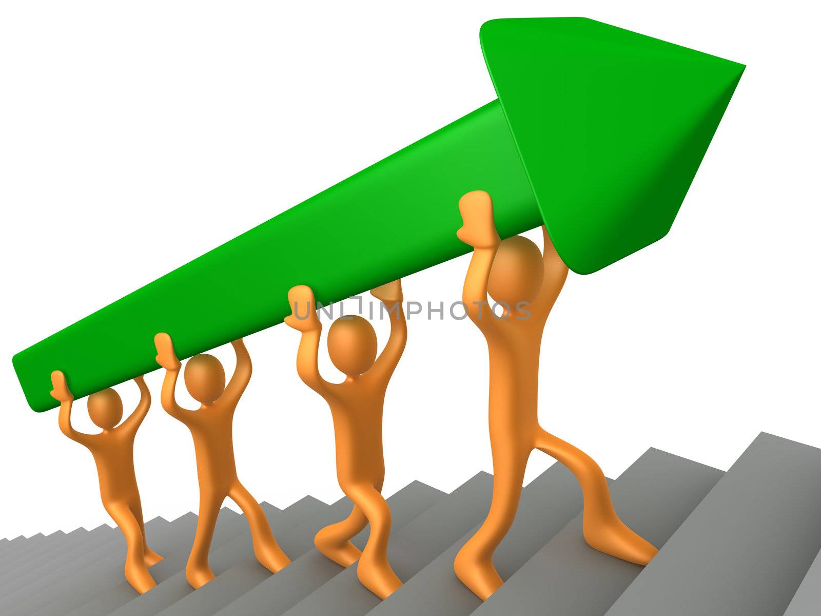 3d people going up some strairs carrying a green arrow. Metaphor of success and goals.