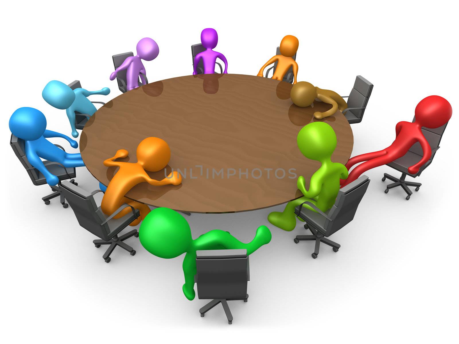 3d people sitting exhausted around a meeting table .