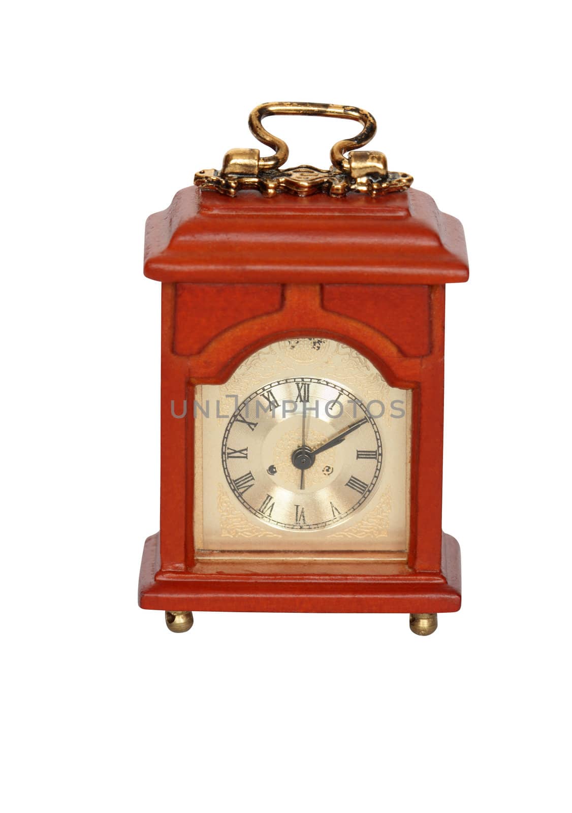 Miniature model of old wooden clock isolated on white background with clipping path