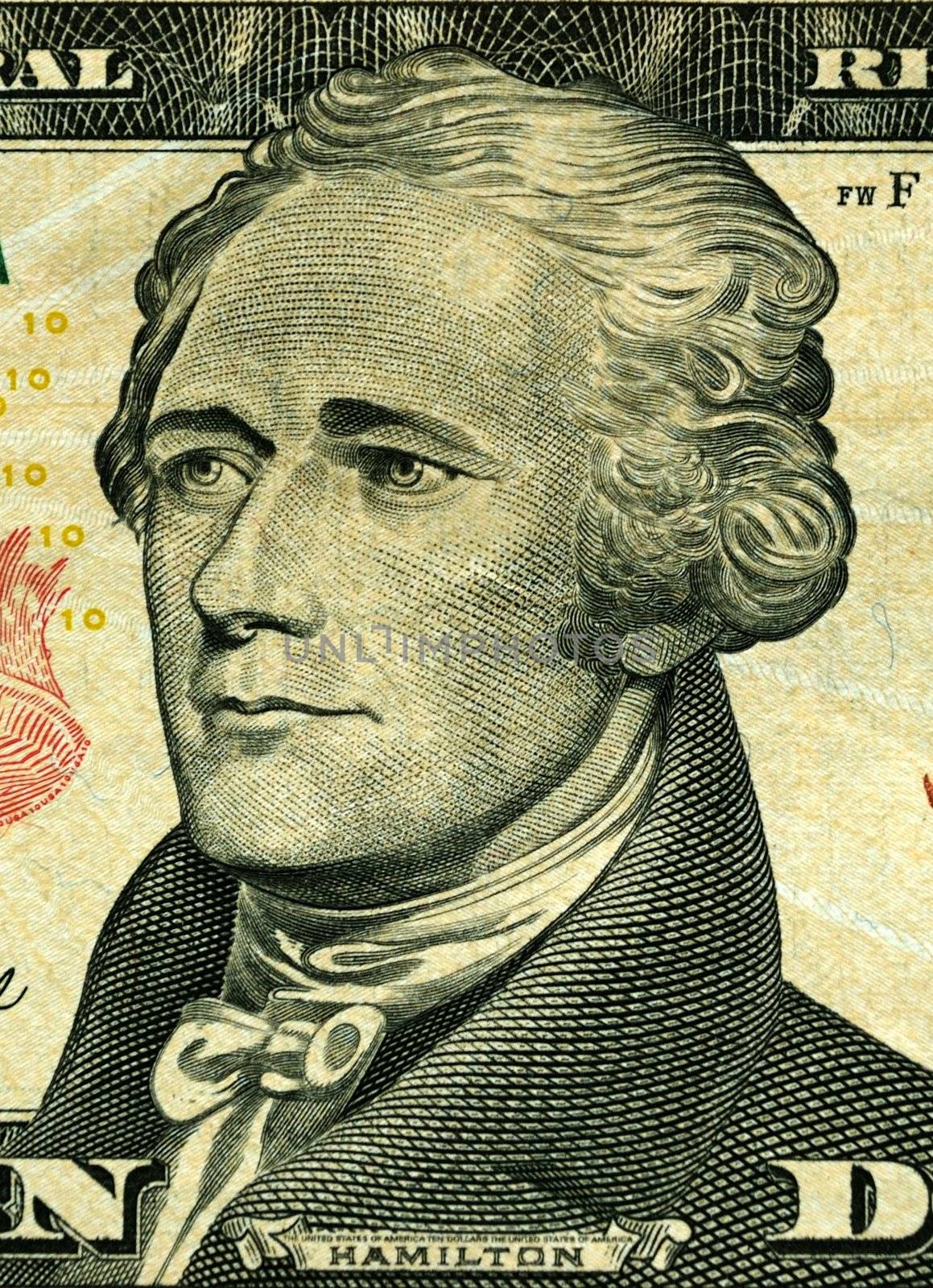 portrait of president Hamilton a 10-dollar banknotes of United States of America