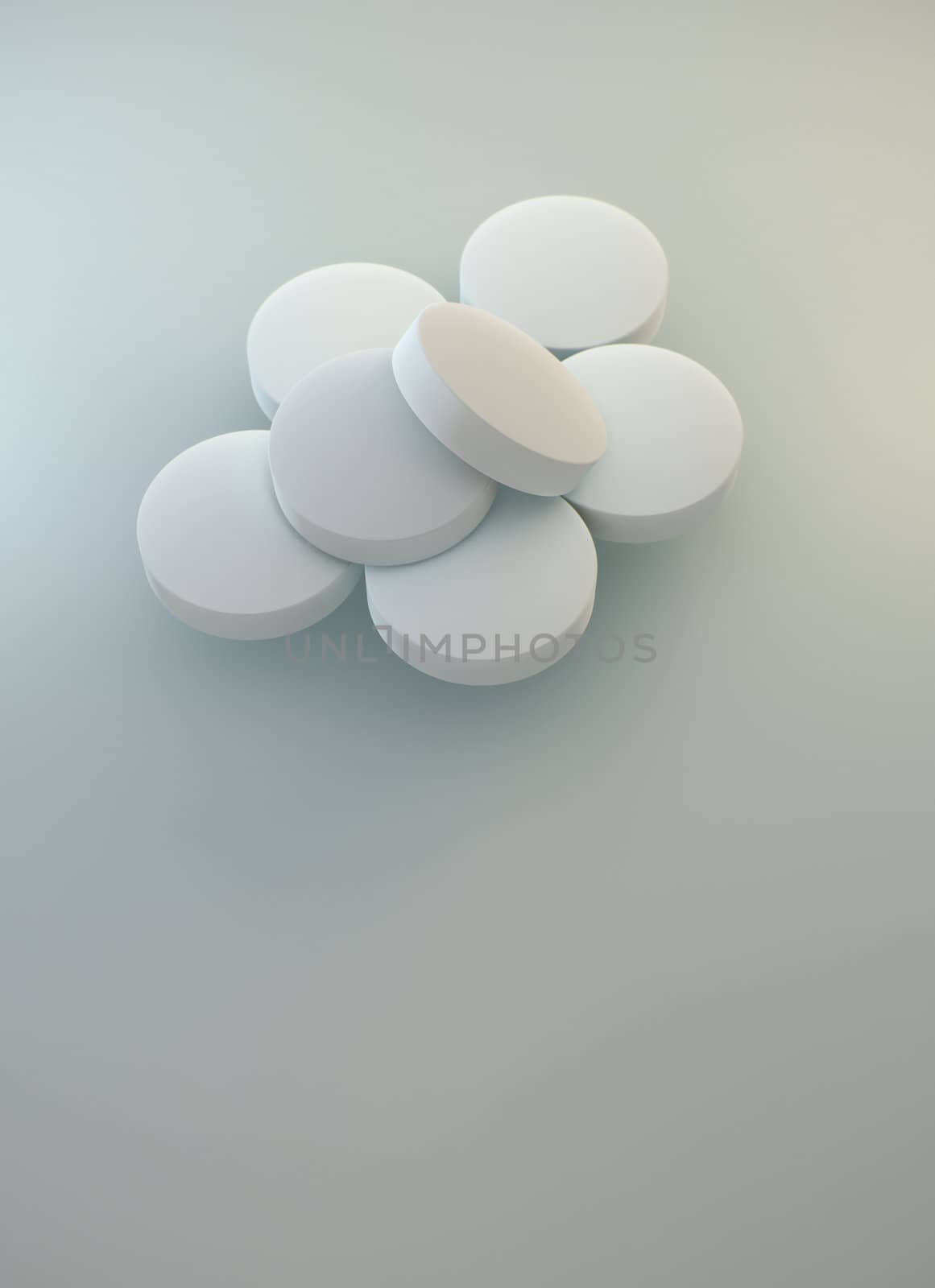 Few pharmaceutical white tablets on neutral background with soft shadows. 3D rendering realistic illustration.