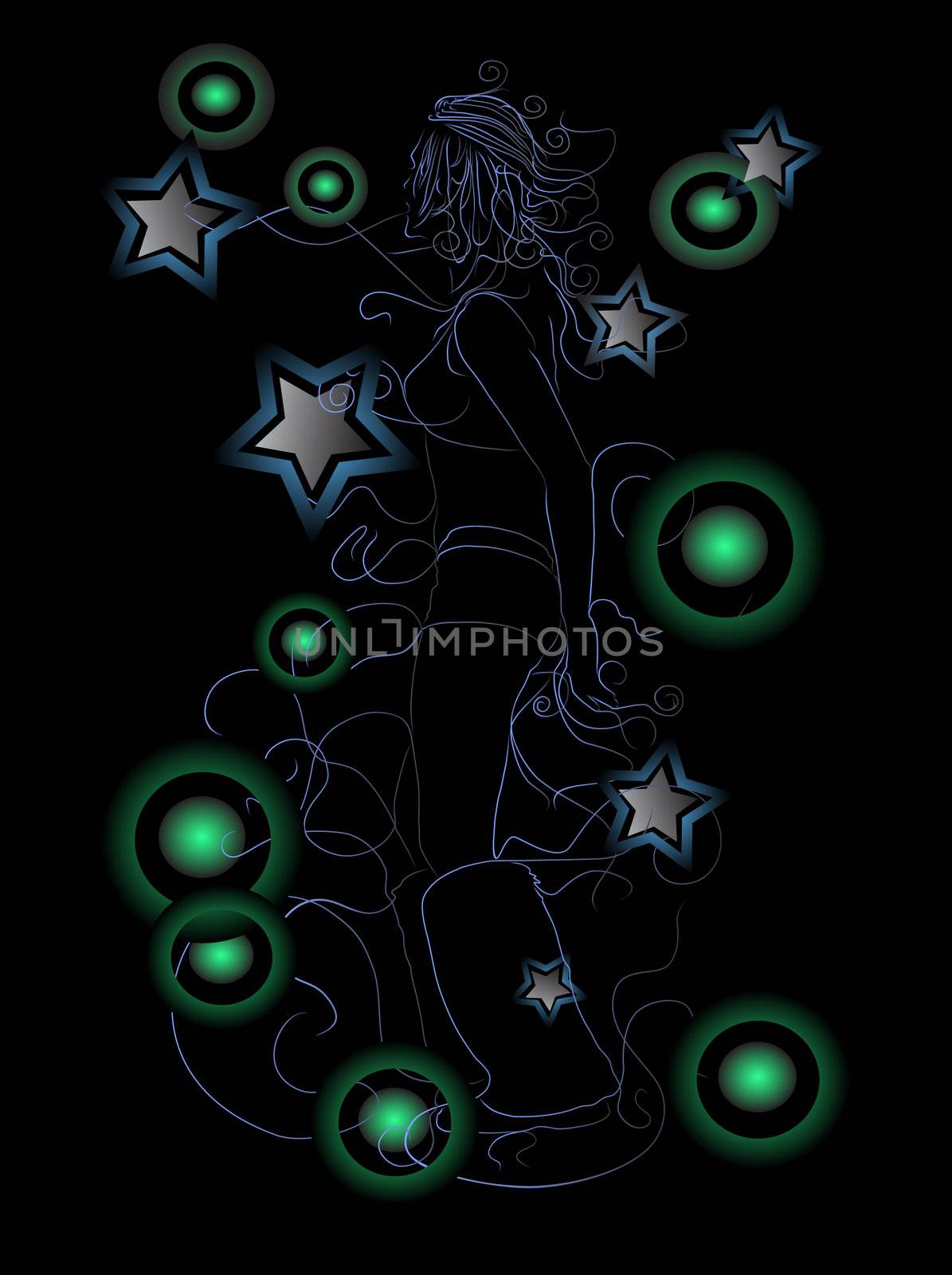 neon style illustration of dancing girl over the black background