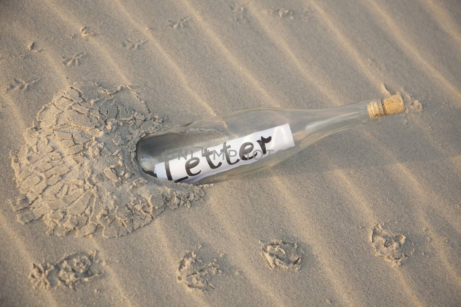 A clear glass bottle washed up on the beach