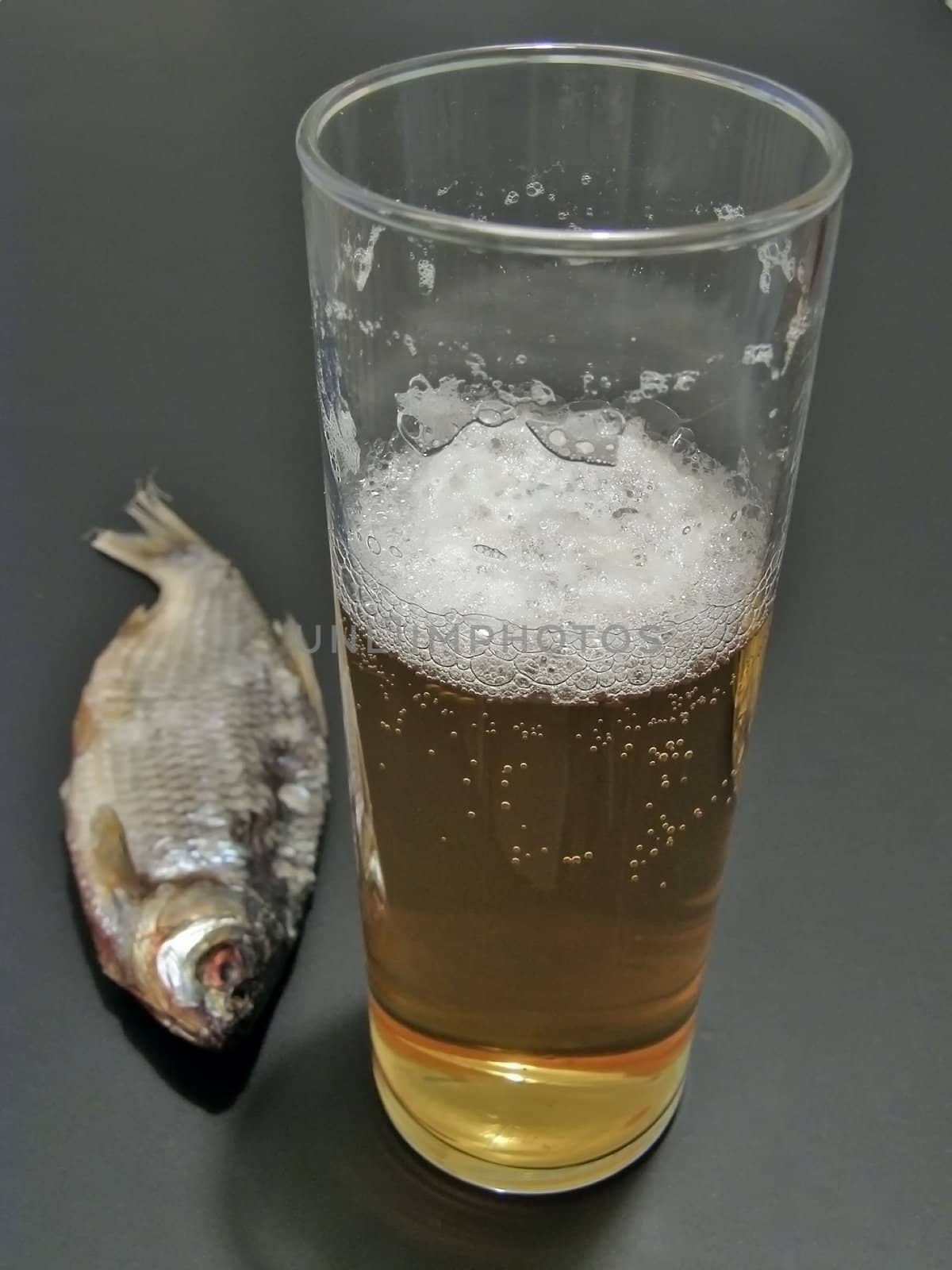 Dry fish near the glass of beer        