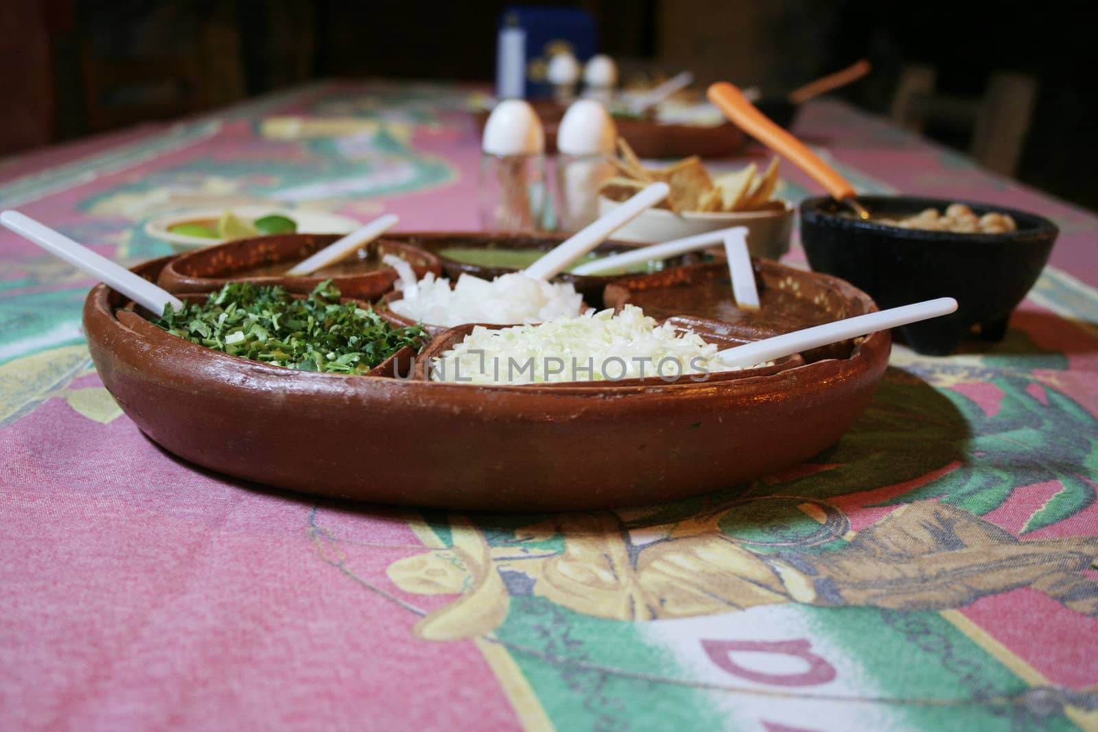 Table condiments at restaurant in mexico