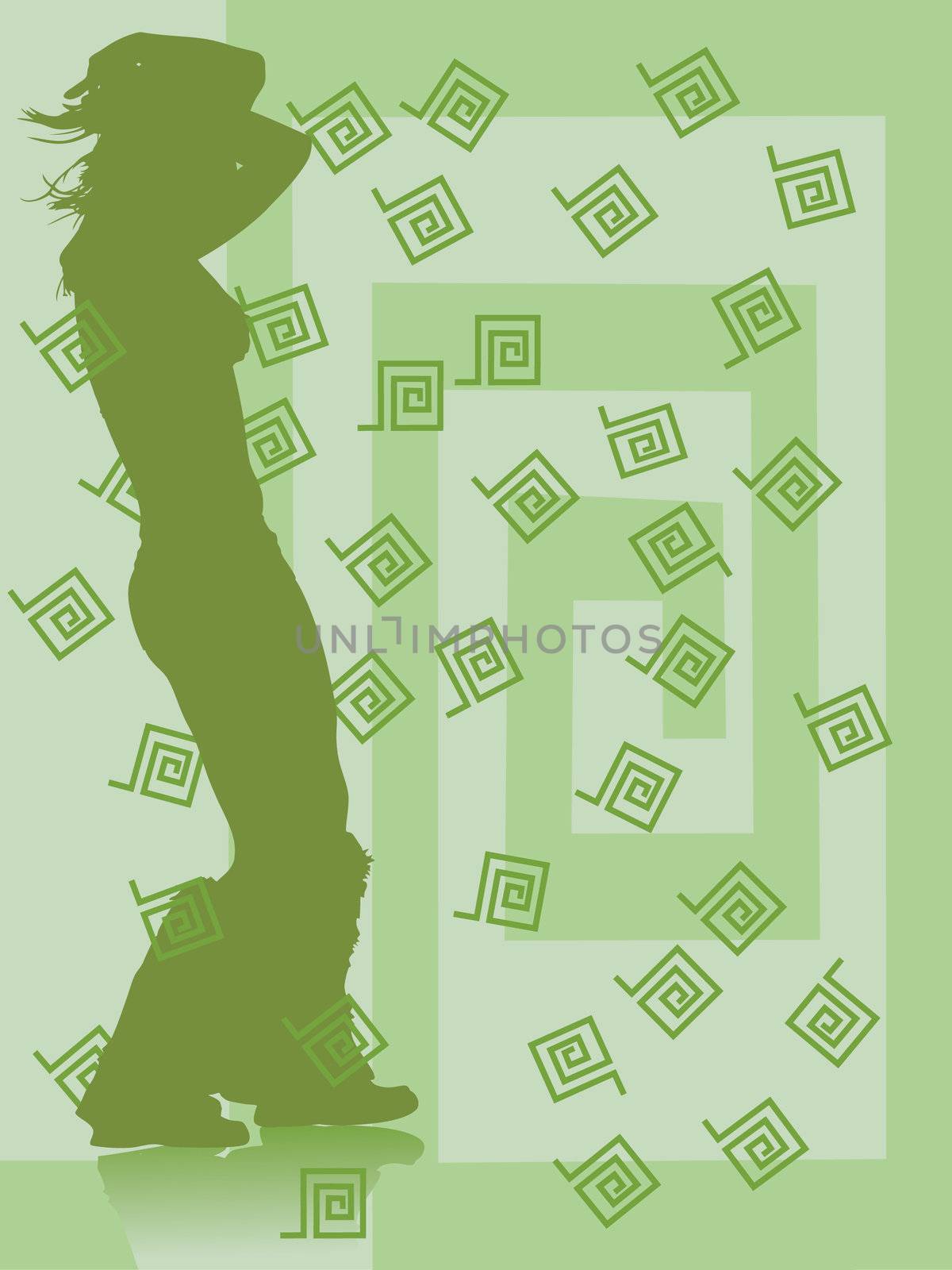 silhouette of dancing girl against meander background  